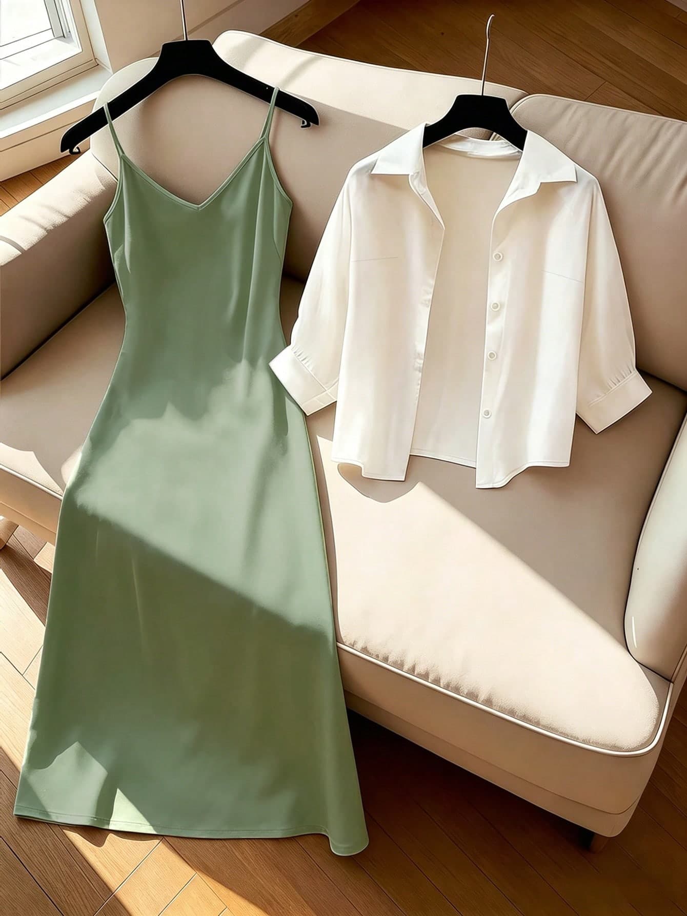 GlowEve Women's Solid Color Camisole Dress And Solid Color Single-Breasted Drawstring Casual Daily 2 Pieces Set