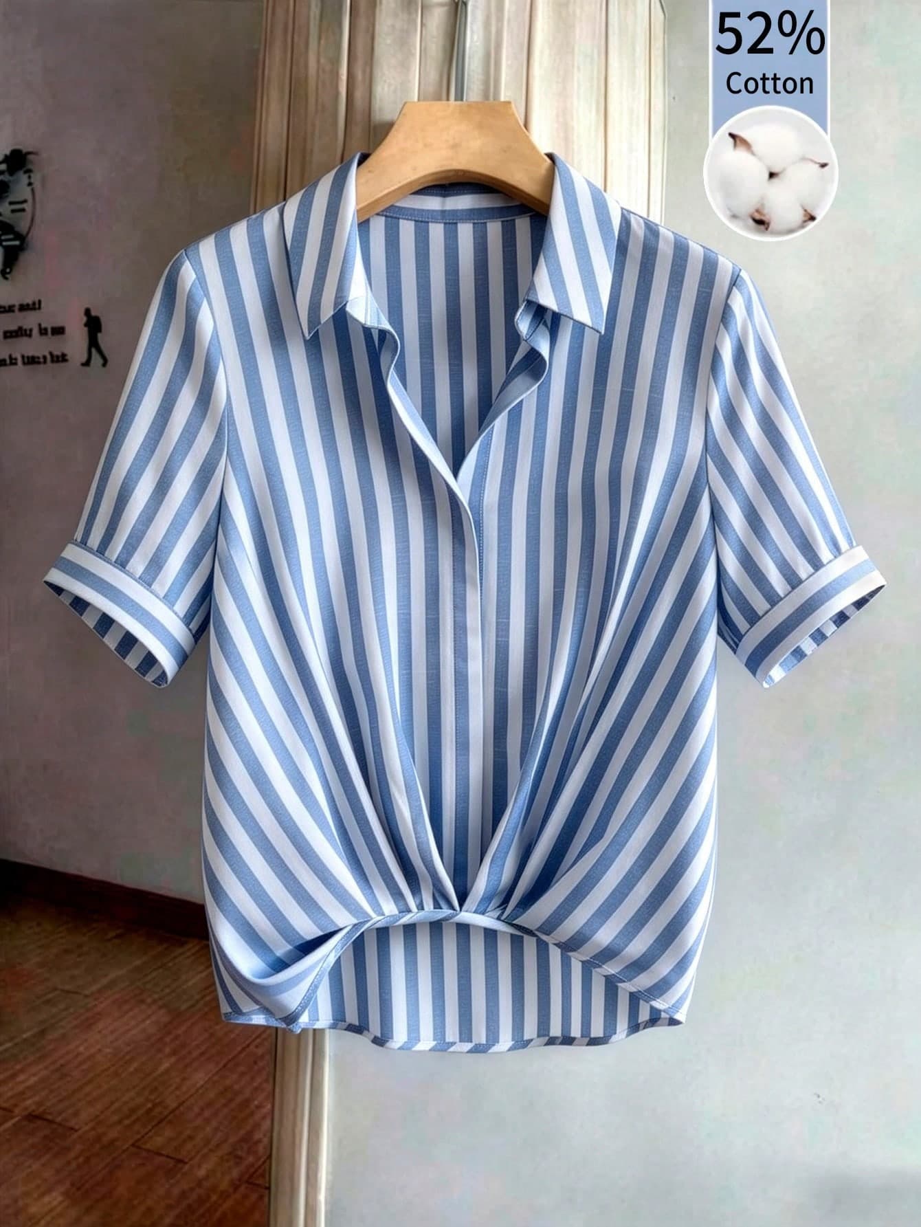 GlowEve Women's Cotton Blue Woven Bamboo Striped Loose Turndown Collar Short Sleeve Gathered Hem Cinched Waist Elegant Unique Design Blouse