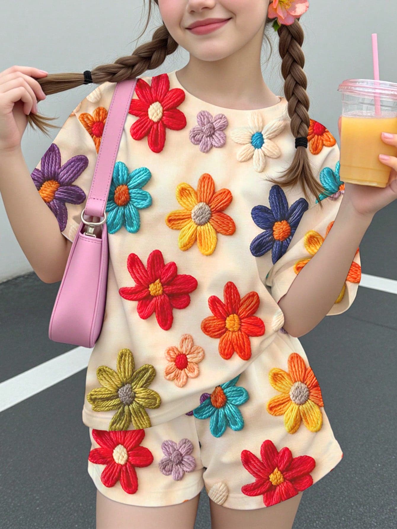2pcs Tween Girls Casual Floral Print Short Sleeve T-Shirt And Shorts Set, Suitable For Summer