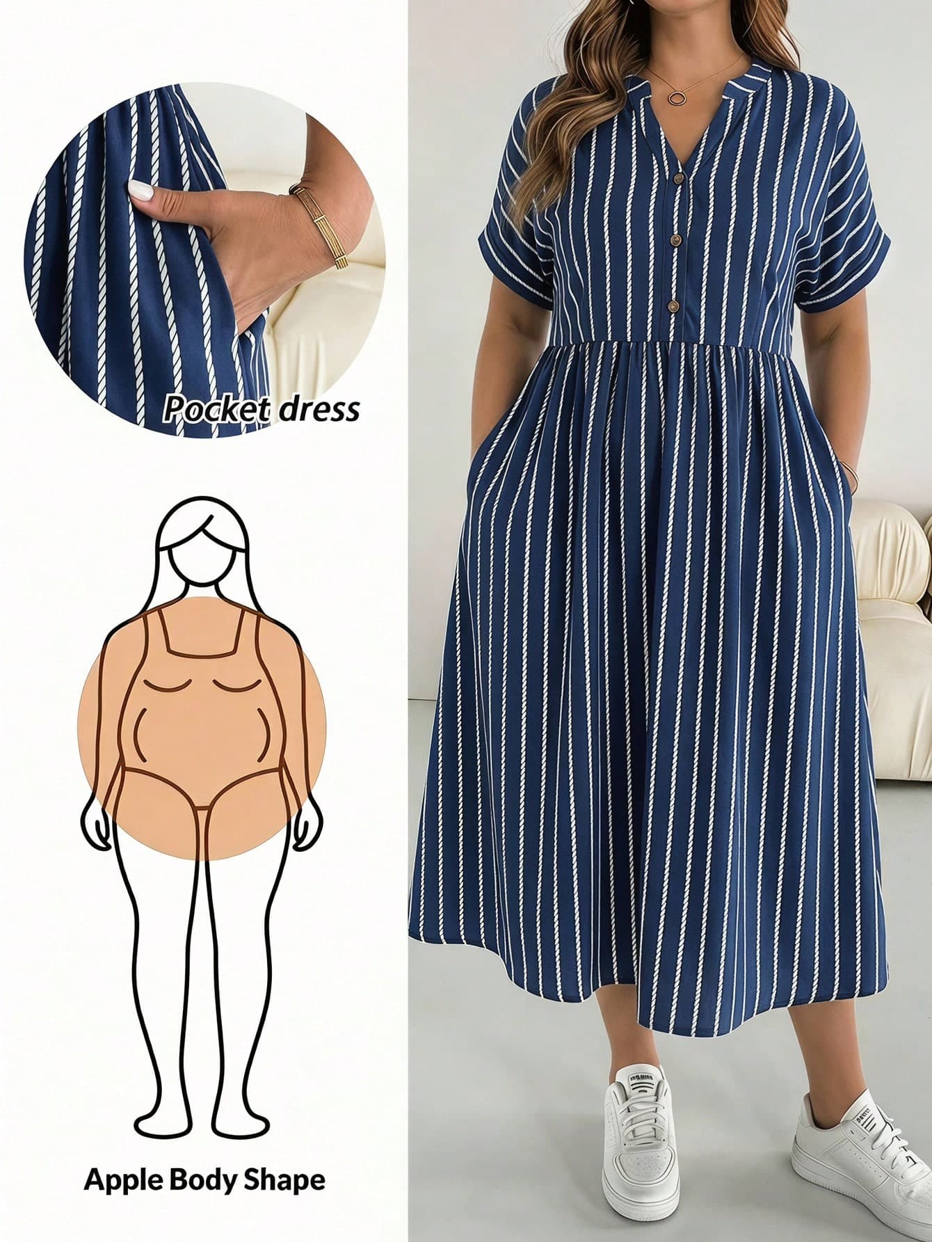 Shapeblank Plus Size Summer Casual Striped Notched Neck Dress