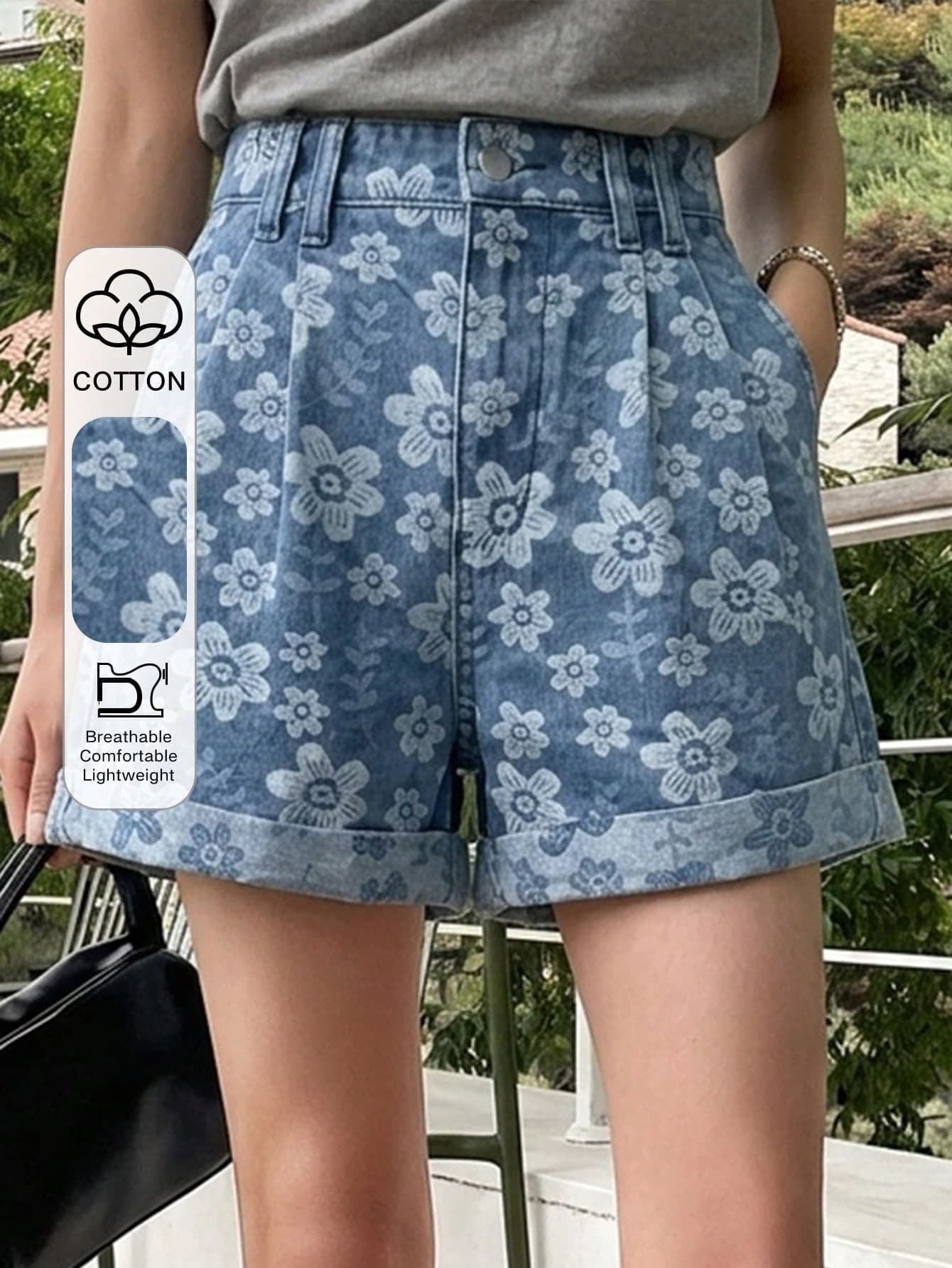 DAZY Women's Retro Washed Floral Print Casual Cottage Core Straight Leg Shorts, Suitable For Spring, Summer, Beach Vacation, Street Style