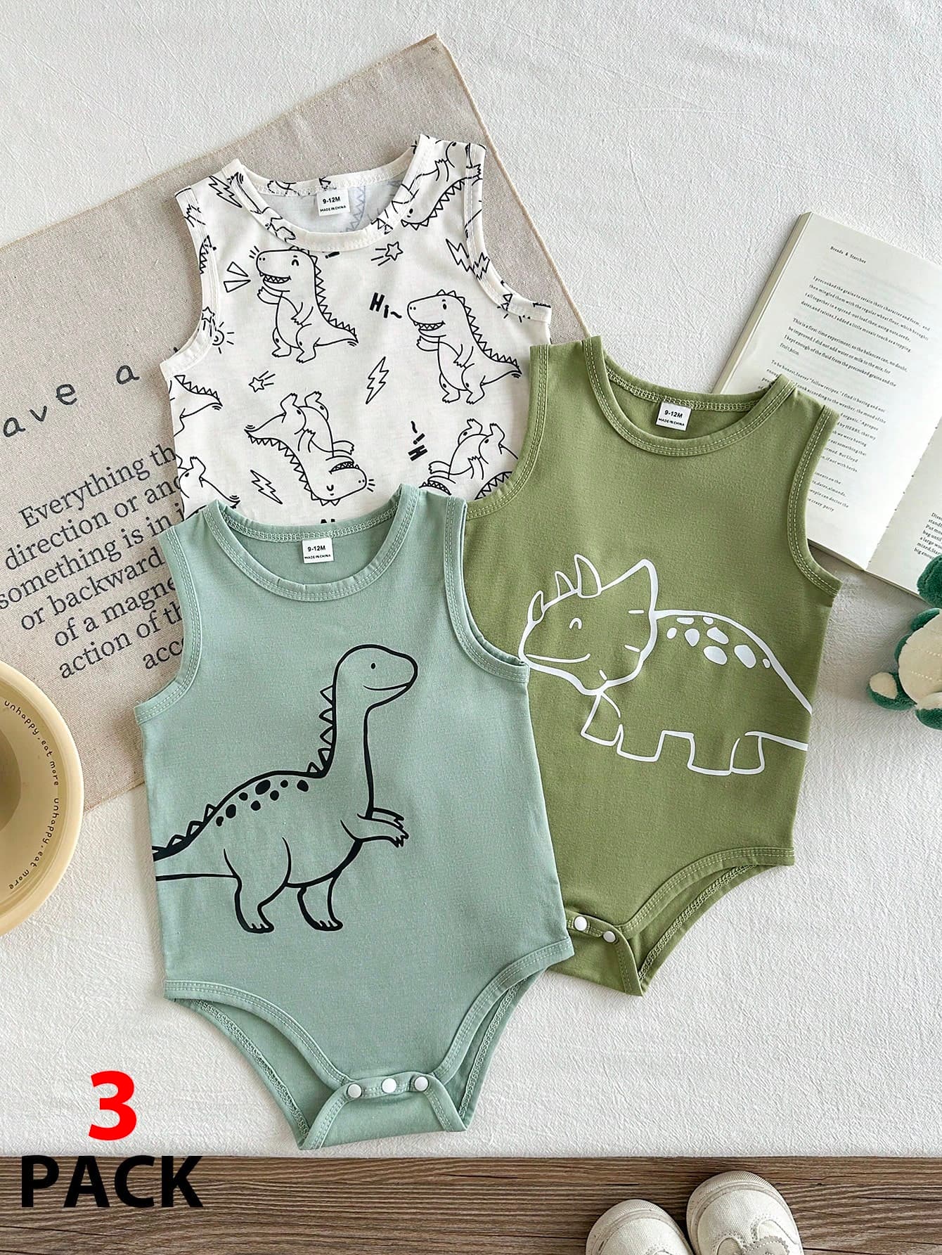 SHEIN 3pcs Baby Boy Casual Vacation & Daily Wear Funny Cartoon Dinosaur Print Romper Set, Summer