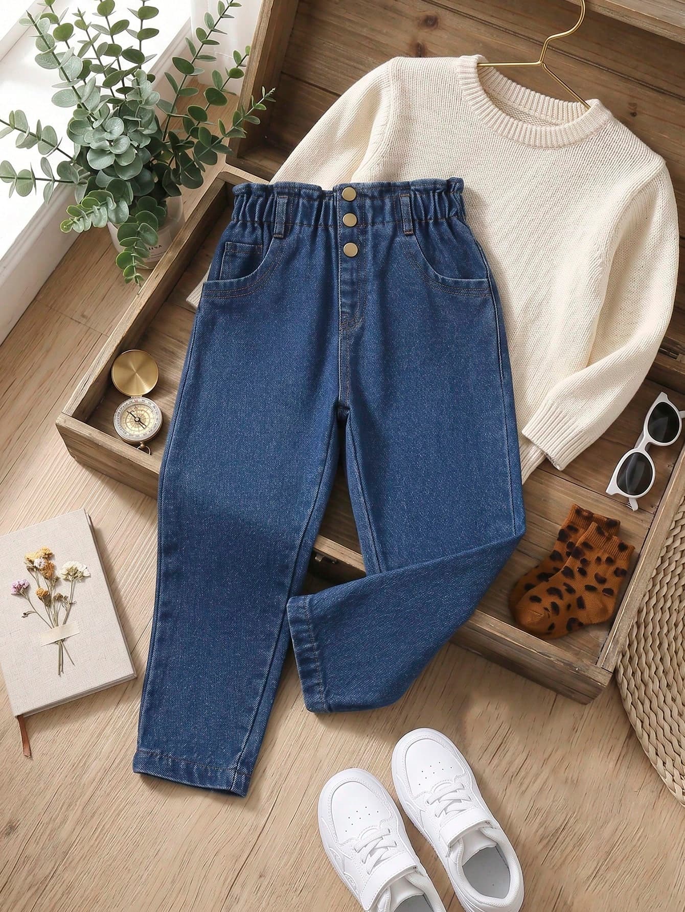 SHEIN Young Girl Casual Boho Daily Dark Wash Paperback With Waist Flat Pockets Mom Jeans Summer Holiday