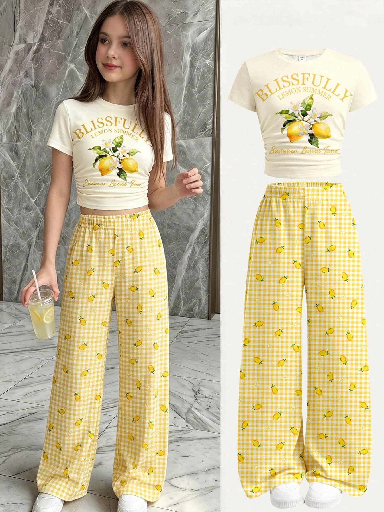 SHEIN Girlism Tween Girl 2 Pieces Set,Red And White Plaid,Summer,Cute,Vacation,Holiday,Lemon Tree Graphic Ruched T-Shirt And Loose Plaid Pants,Retro Casual Outfits