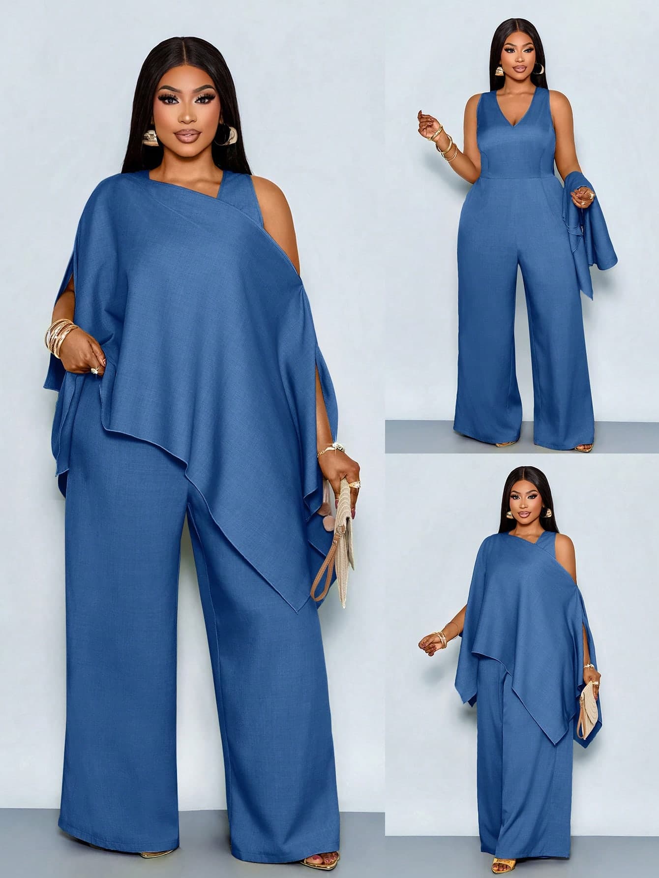 SOLERSUN Plus-Size Women's Dusty Blue Autumn Elegant Wedding Guest Two Pieces Set,Asymmetrical Shawl Top&Deep V-Neck Wide-Leg Pants Jumpsuit,Bohemian Fashion