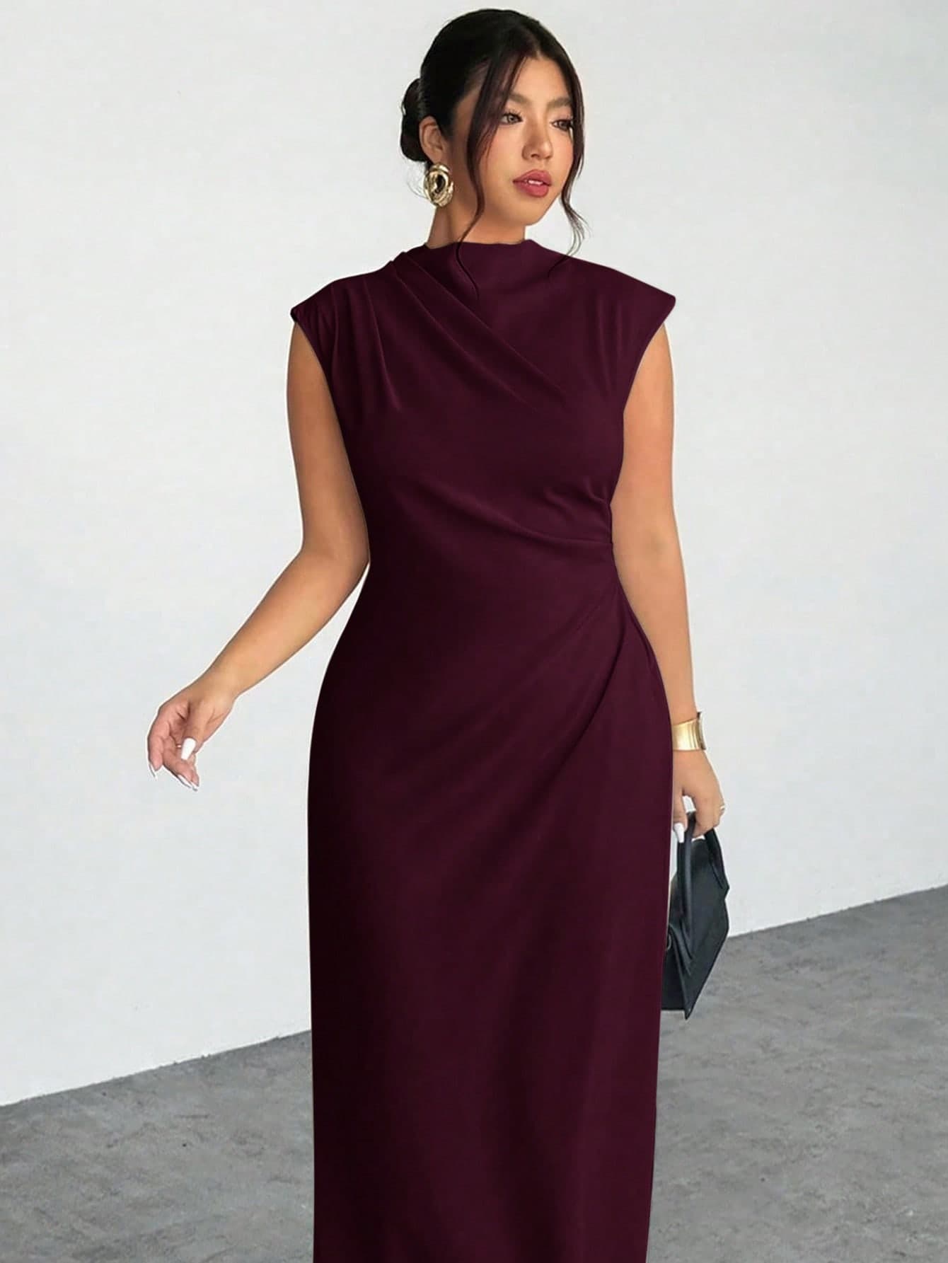 Firerie Plus Size Women's Elegant Ruched Cap Sleeve Split Hem Dress, Suitable For Dates Wedding And Formal Events Burgundy Summer