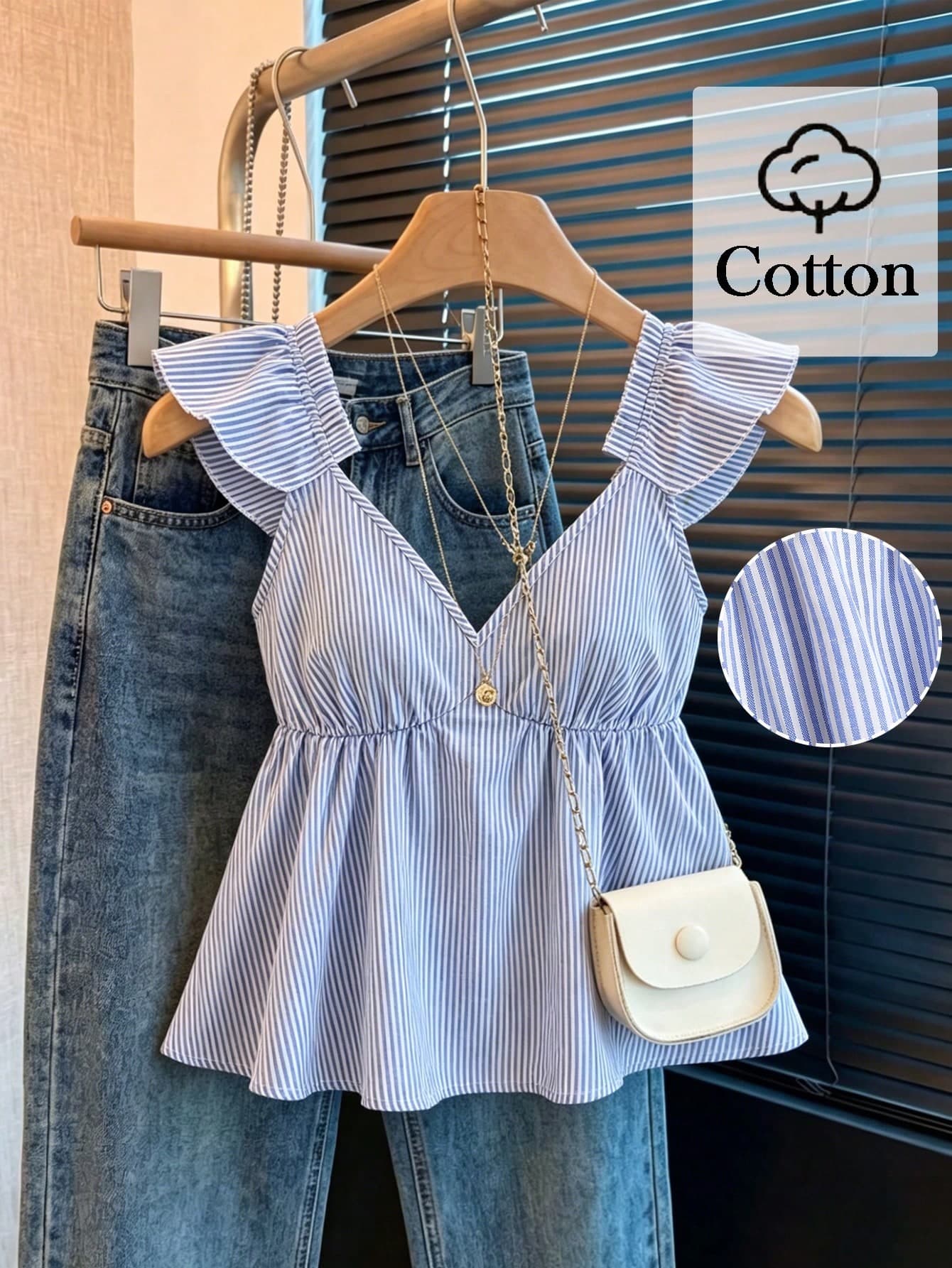 SHEIN Franclia Blue Cute Striped Ruffle Hem Sexy Backless Low Neck Cropped Blouse