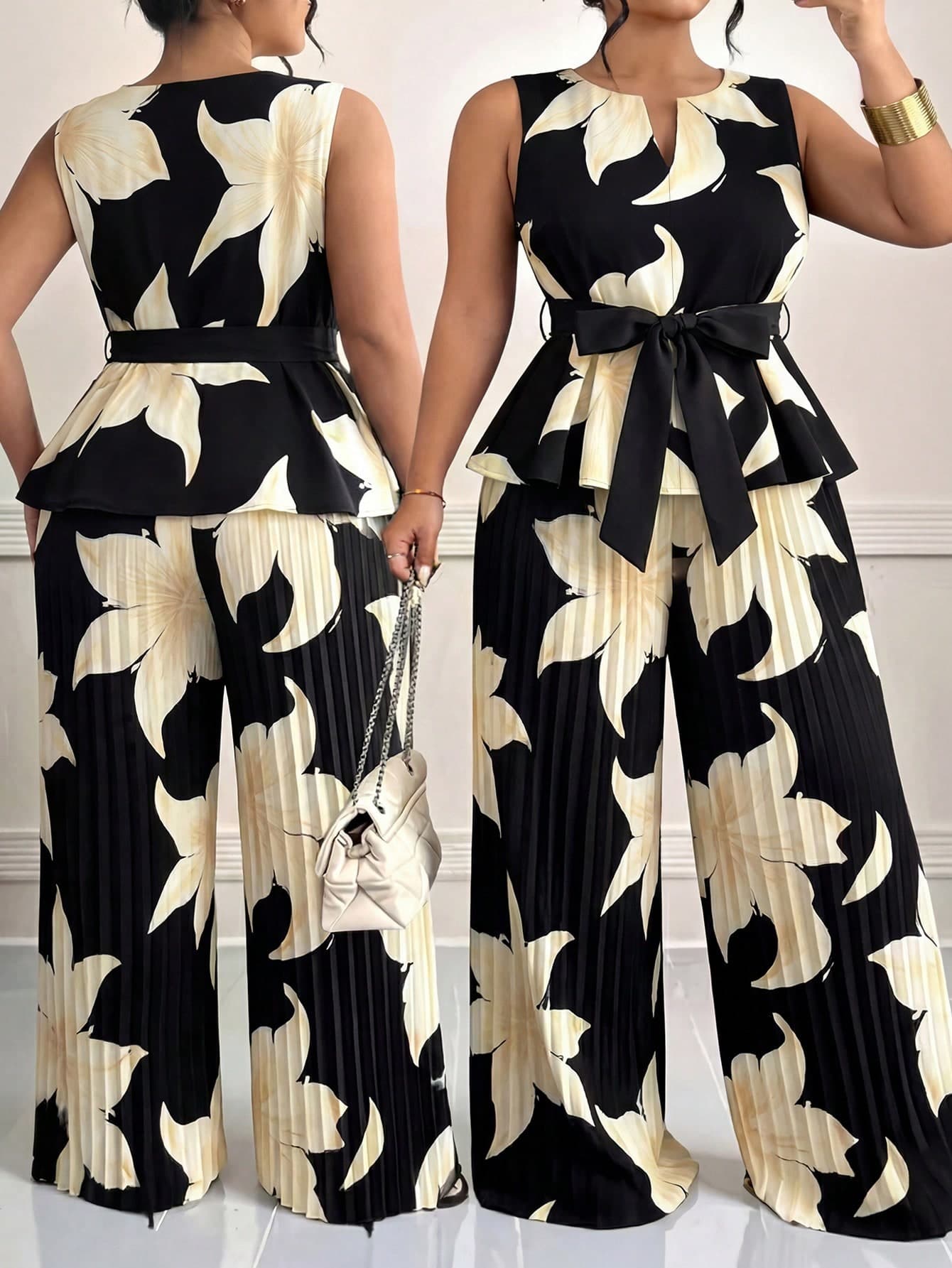 GlowEve CURVE 2pcs/Set Plus Size Women Sleeveless Printed Top And Casual Loose Pleated Wide Leg Pants