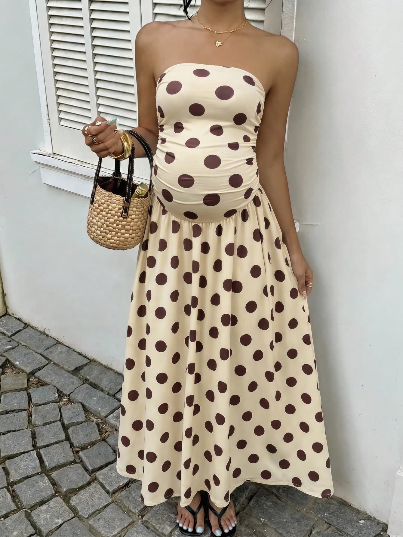 SHEIN Summer Outfits,Yellow-Based, Brown Polka-Dot Print Strapless Low-Waisted Elegant Long Dress For Pregnant Women,Elegant Polka Dot Maternity Tube