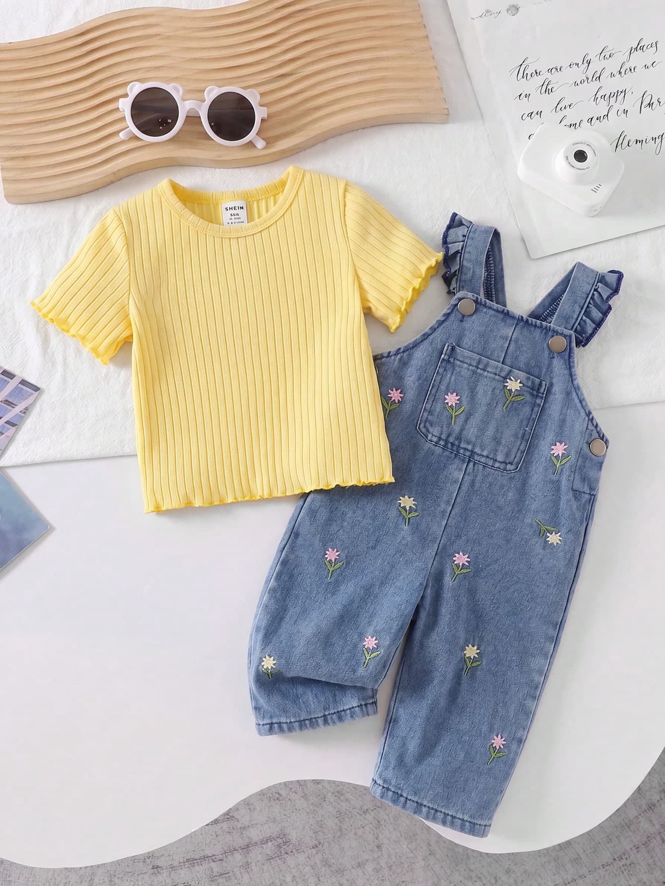 SHEIN Vintaside Kids 2-Piece Baby Girl Set Blue Summer Cute Family Matching Floral Embroidered Denim Overalls & Solid Short-Sleeved Top Casual Versatile Spring Outfit