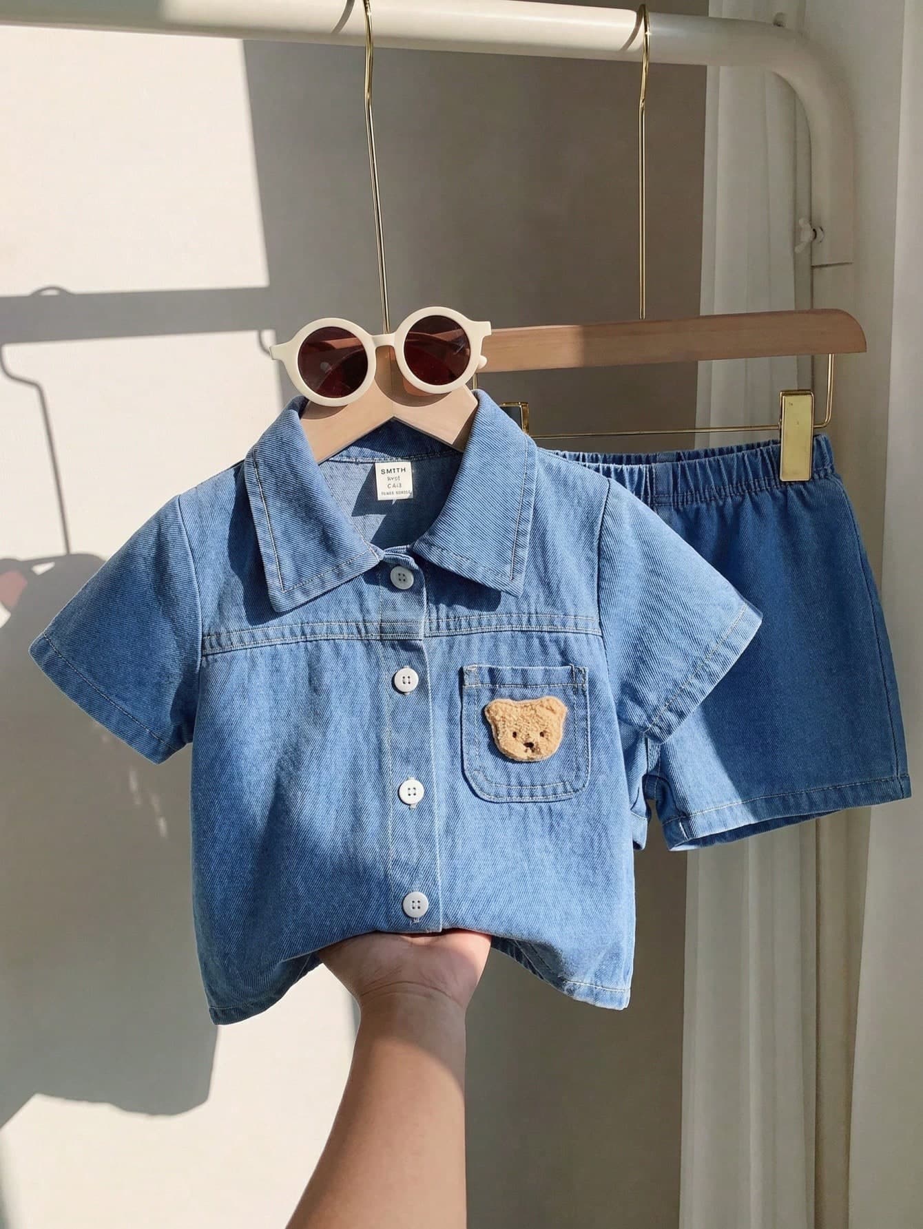 SHEIN Playful Pals Babyboy Summer Blue Denim Outfit,Short Sleeve Lapel Cardigan Top With Shorts,Casual Loose Fit,Bear Patch,City Break Style,For Outings&Daily Sports