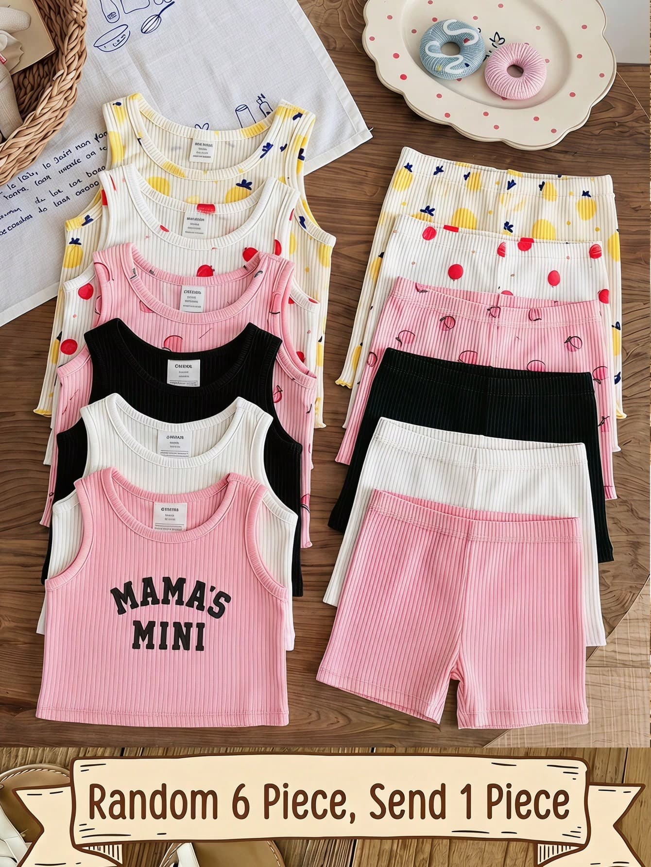 6pcs/Set Babygirl Casual Knit Solid Color Camisole & Elastic Waist Skinny Shorts