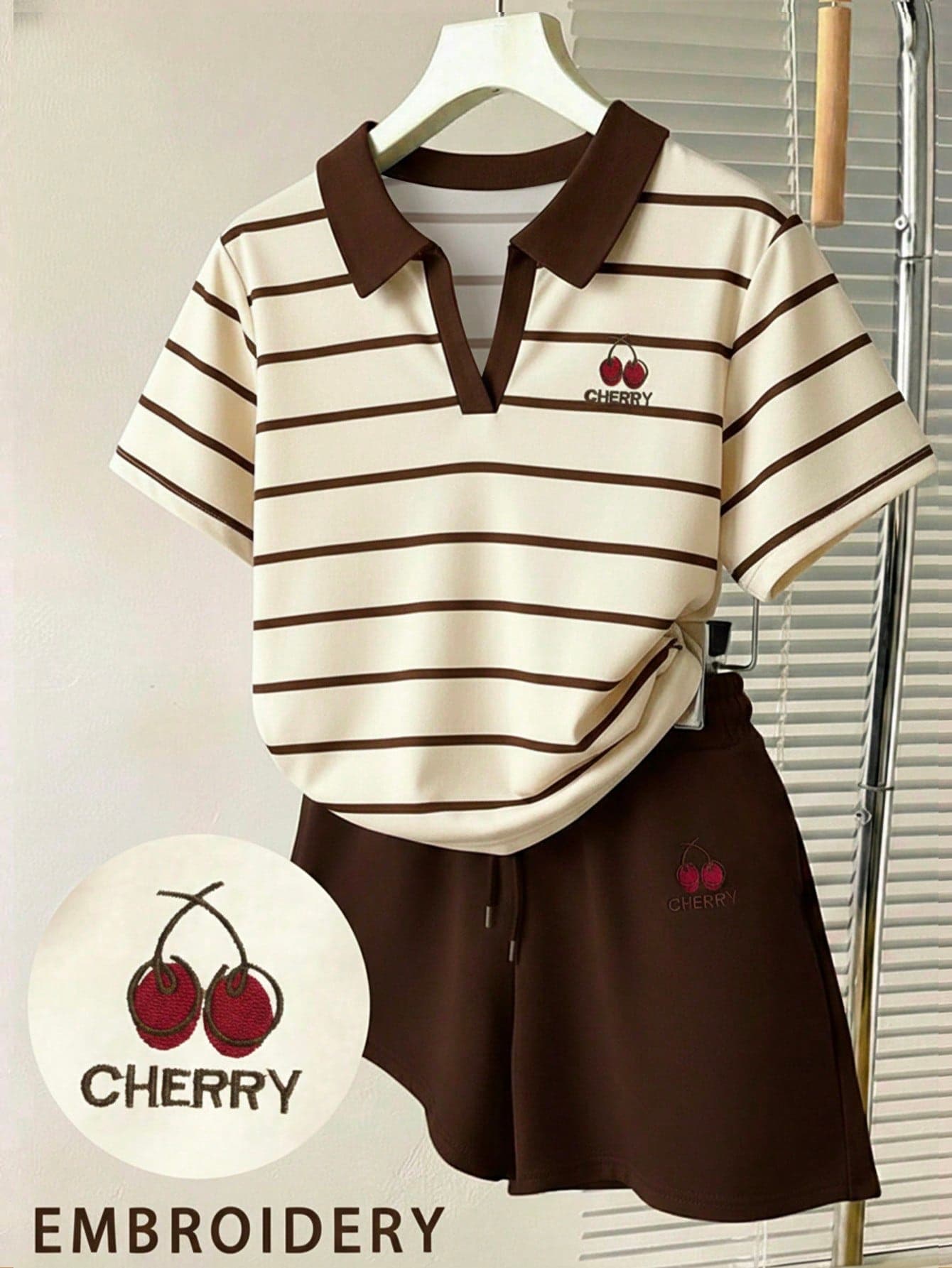 Resyla Women's Letter & Cherry Print Striped Top And Shorts Casual 2 Pieces Set