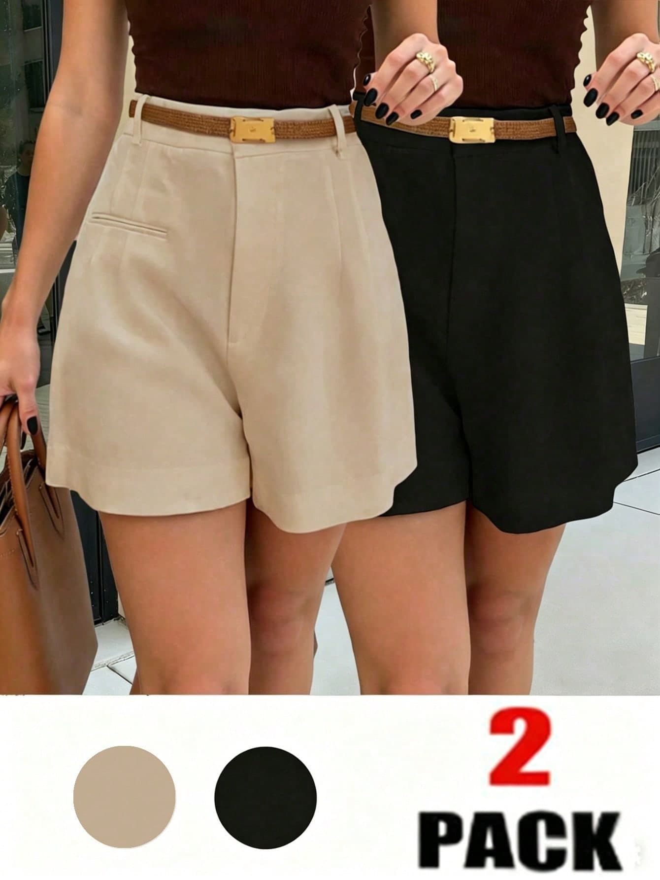 Franclia 2pcs Women Summer Casual Commuting Minimalist Solid Color Pleated Loose Shorts