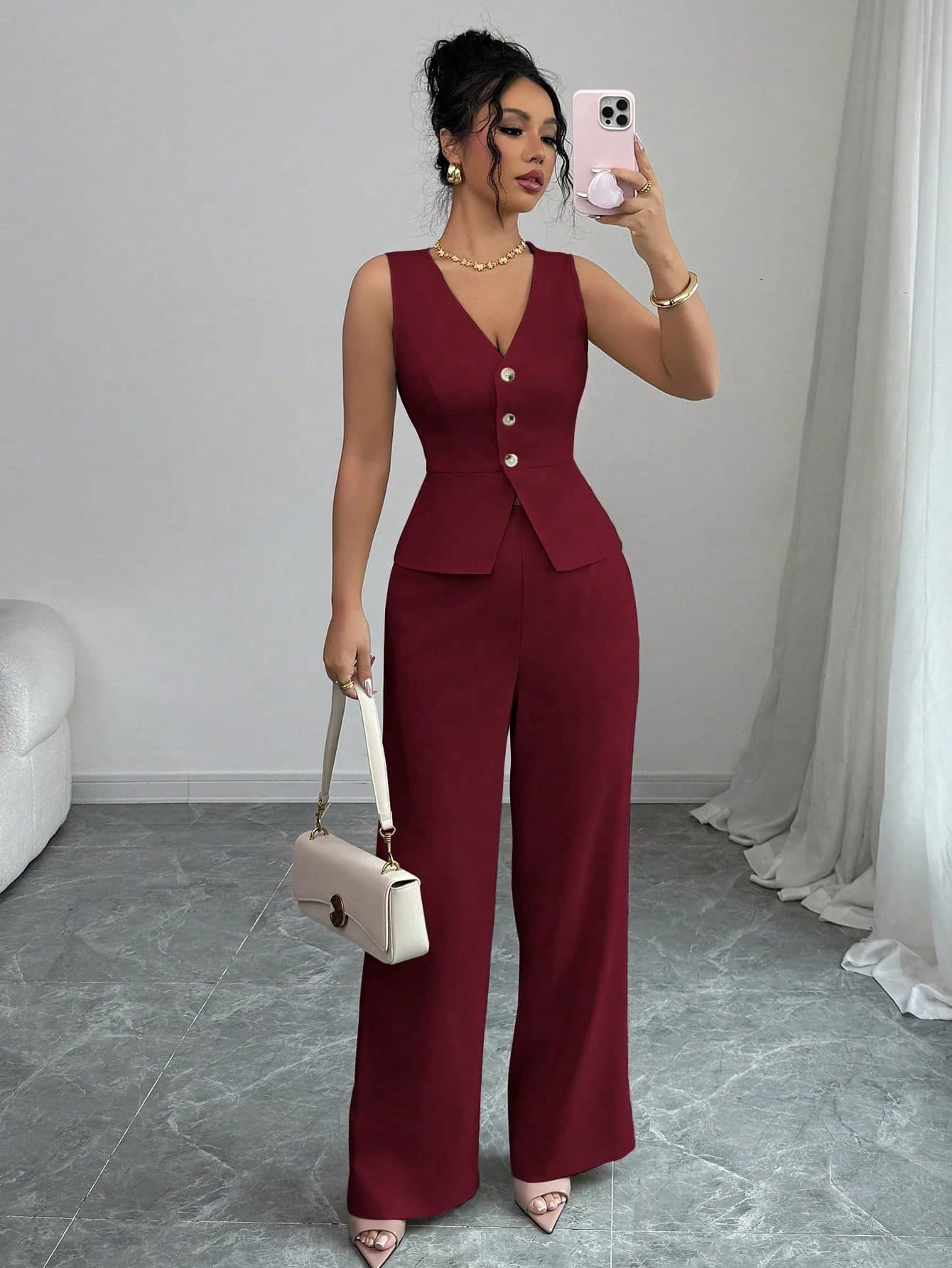 Elenzga Women's Elegant Sleeveless Blazer Vest And Pants Suit, Business/Commute Style, Summer