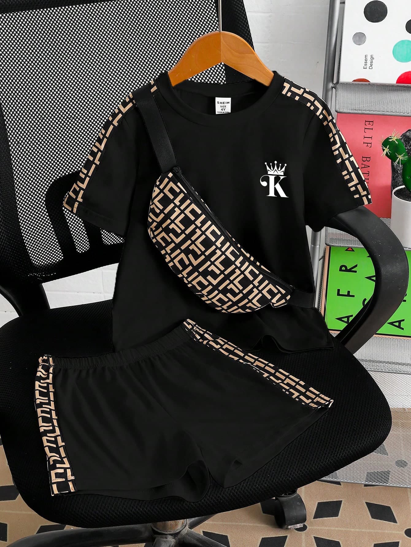SHEIN Genkimix Kids 2pcs/Set Young Boy Casual Colorblock Short Sleeve T-Shirt And Shorts With Sling Bag Set, Suitable For Daily Casual Outdoor Activities, Spring/Summer