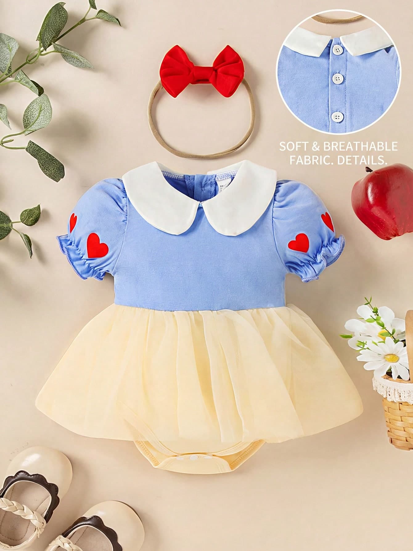 SHEIN Playful Pals New Baby/Toddler Girls Cute Heart Print Collared Short Sleeve Mesh Jumpsuit Outfit With Bow Headband, Unique & Design