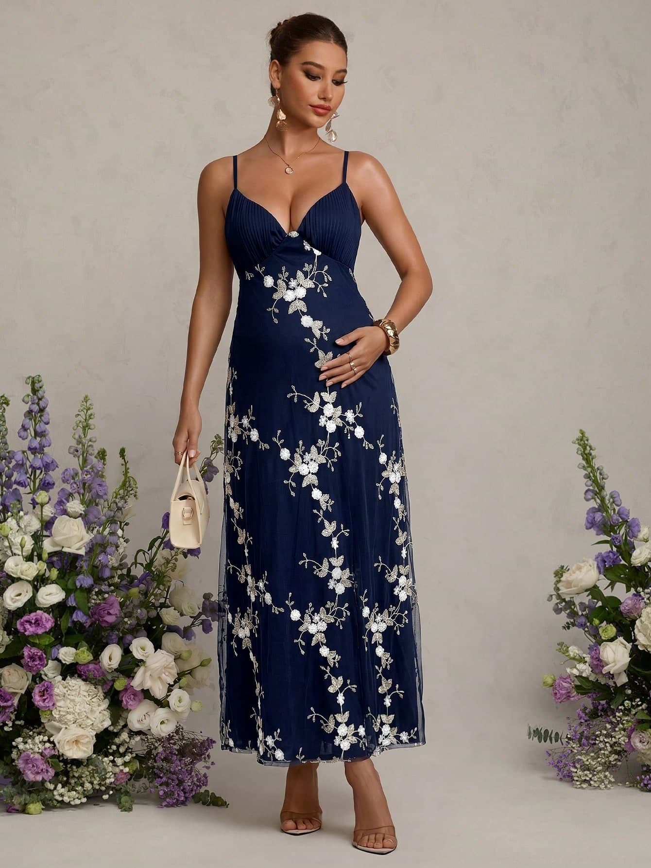 MaterniChic Elegant Embroidered Strap Maternity Dress For Vacation