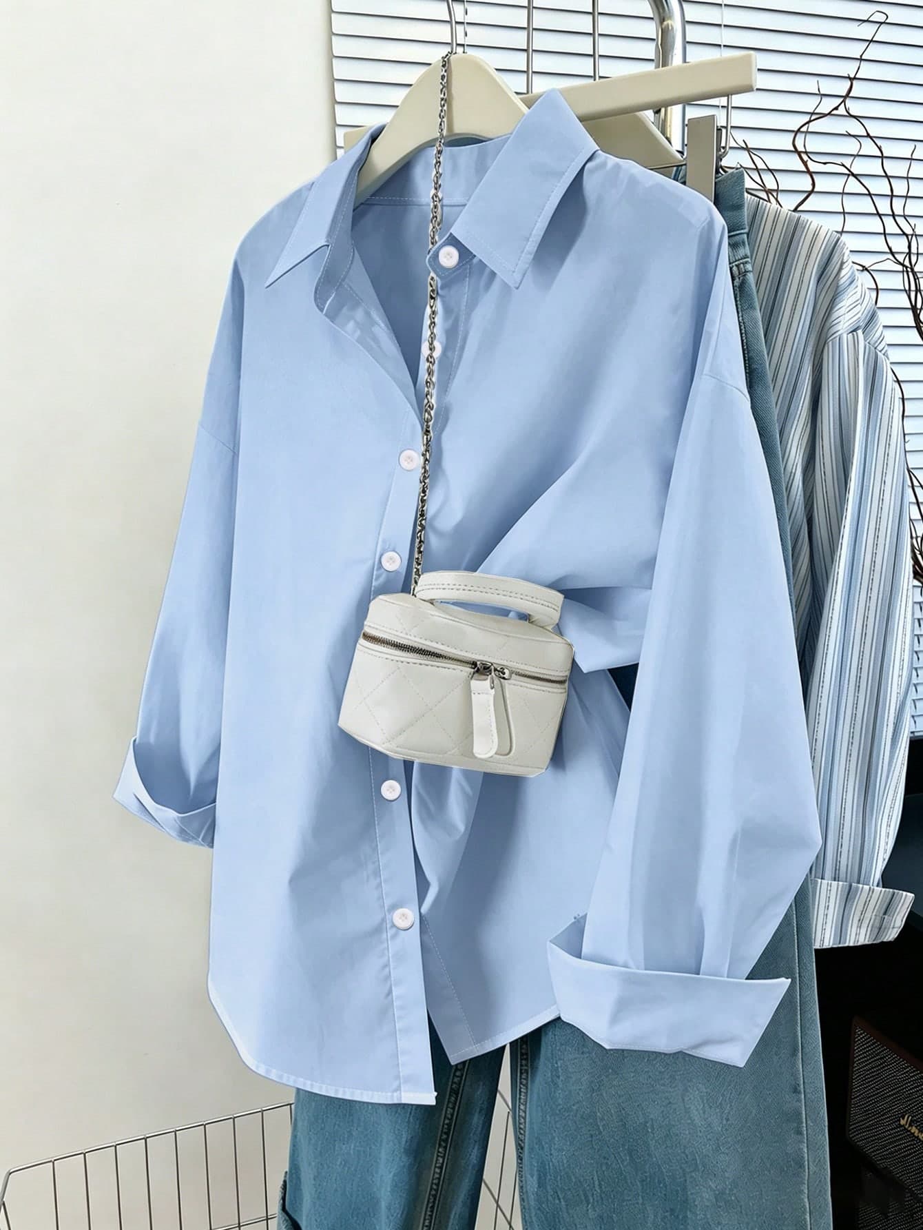 INAWLY Plus Size Women's Casual Everyday Commute Simple Solid Color Drop Shoulder Loose Button-Up Shirt, Spring/Autumn Fall Cloth For Women