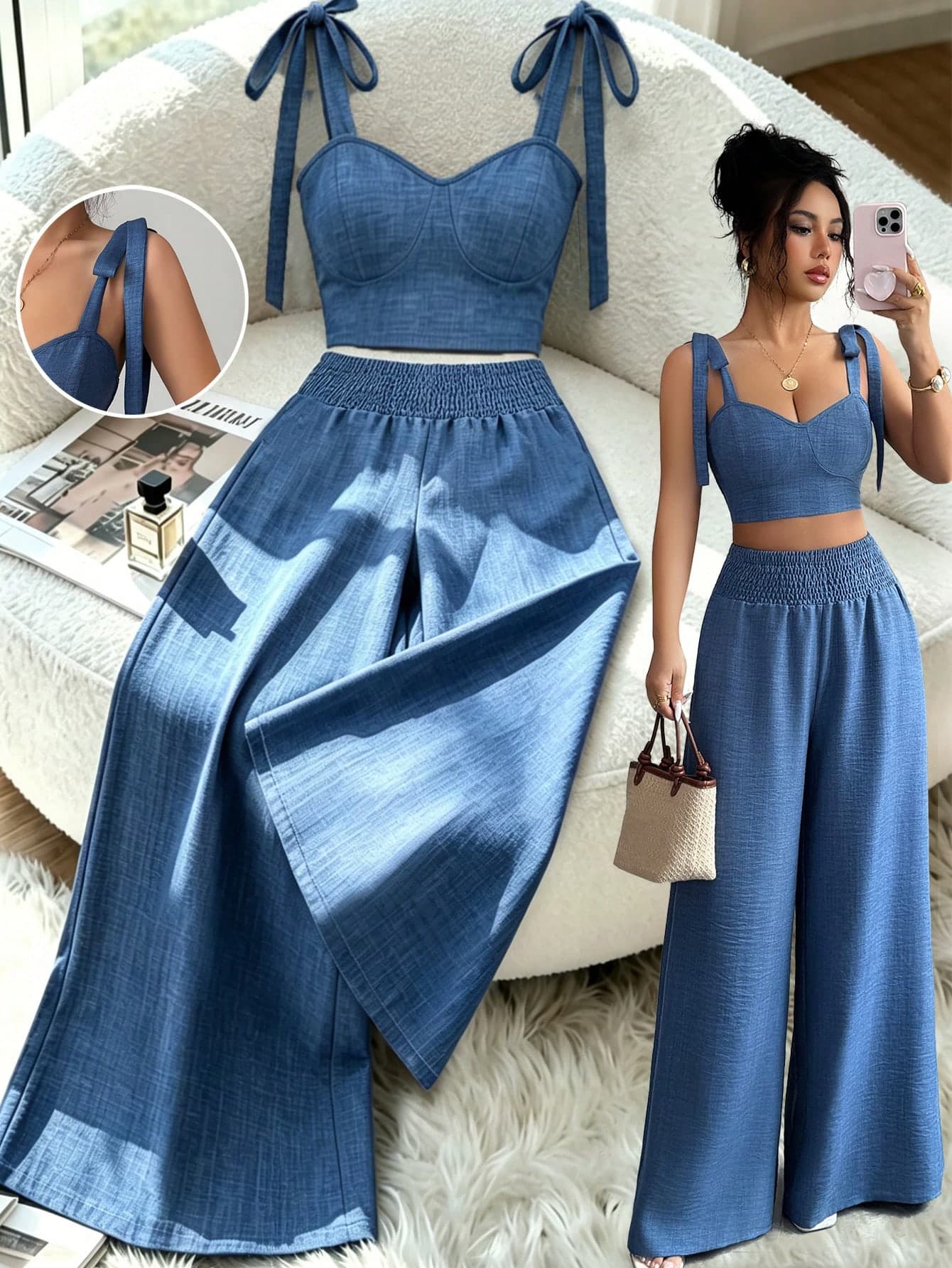 Elenzga Standard Size Women's Spaghetti Strap Backless Design + Waist Drawstring Wide Leg Pants 2 Pieces Set Holiday Holiday Vacation Aqua Blue Summer Jamican