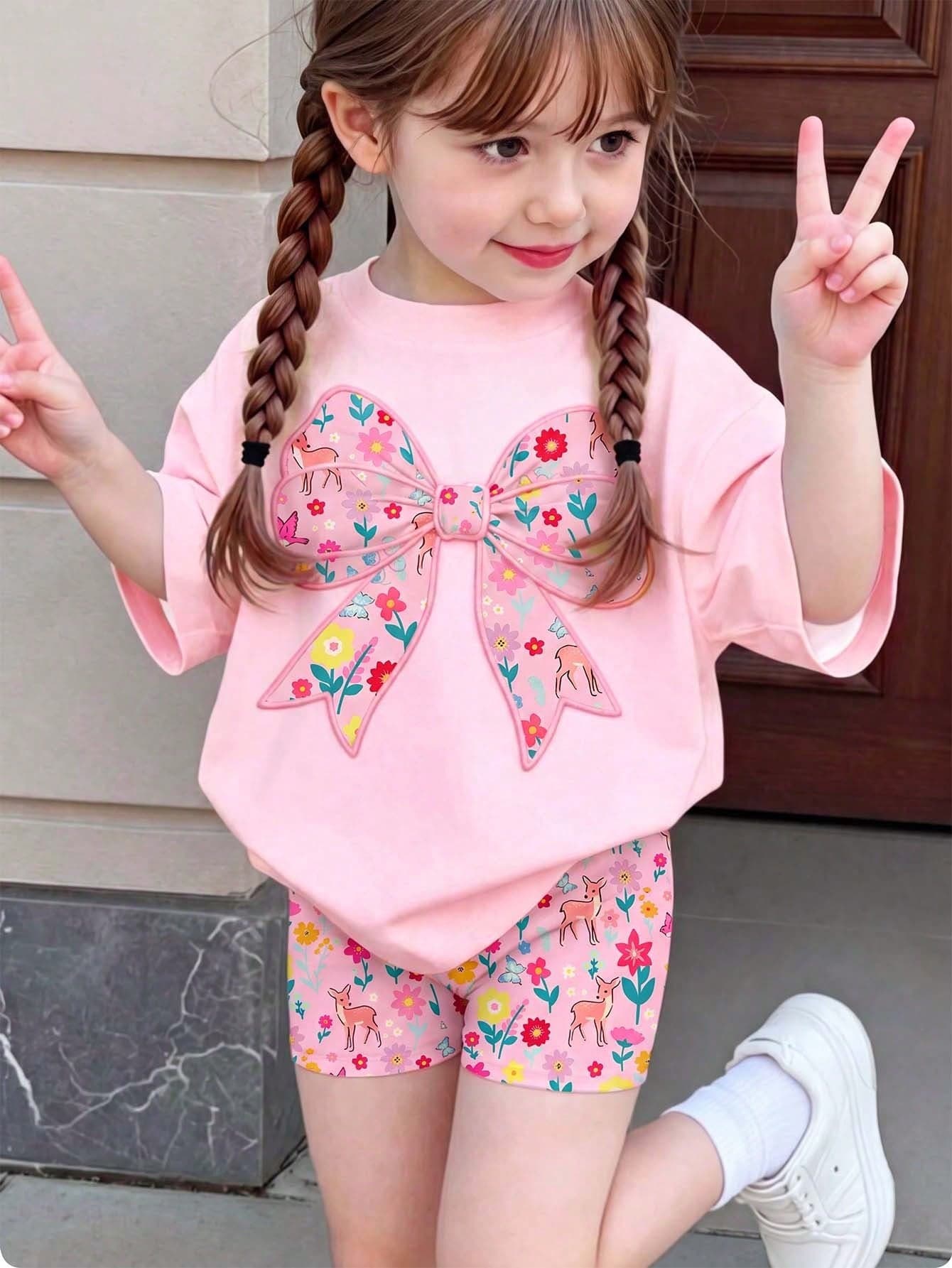 Young Girl Round Neck Bow Print Short Sleeve T-Shirt And Shorts Casual Daily Birthday Outfit Summer