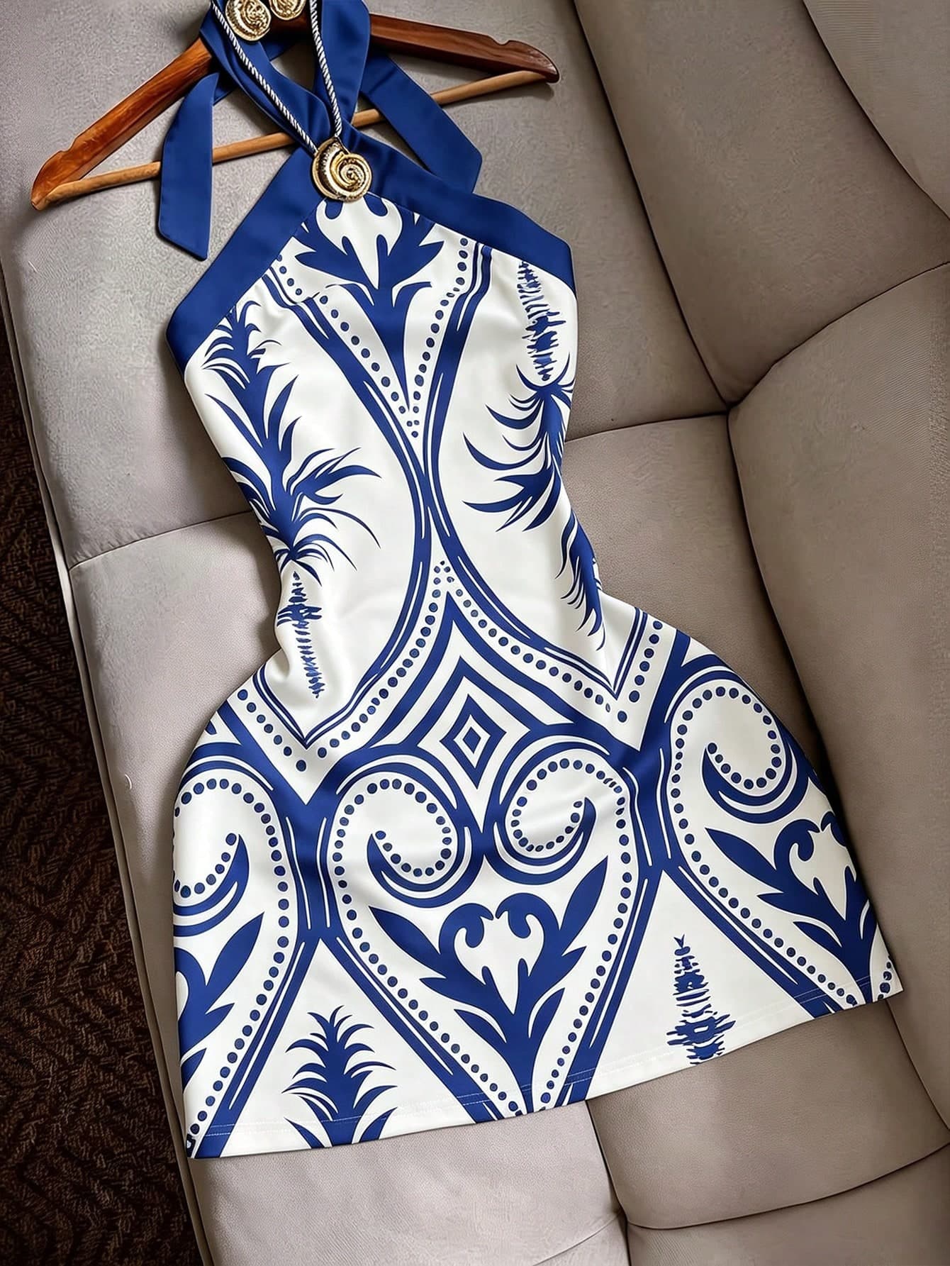 EMERY ROSE Sexy Fitted Halter Tie Waist Printed Color Block Mini Dress, Casual Beach Holiday Travel For Women