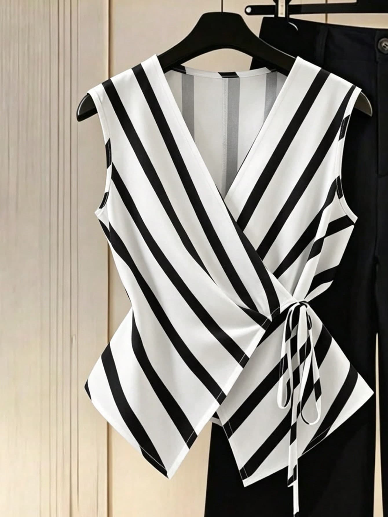 Franclia Women's Striped Print V-Neck Wrap Tie Casual Tank Top