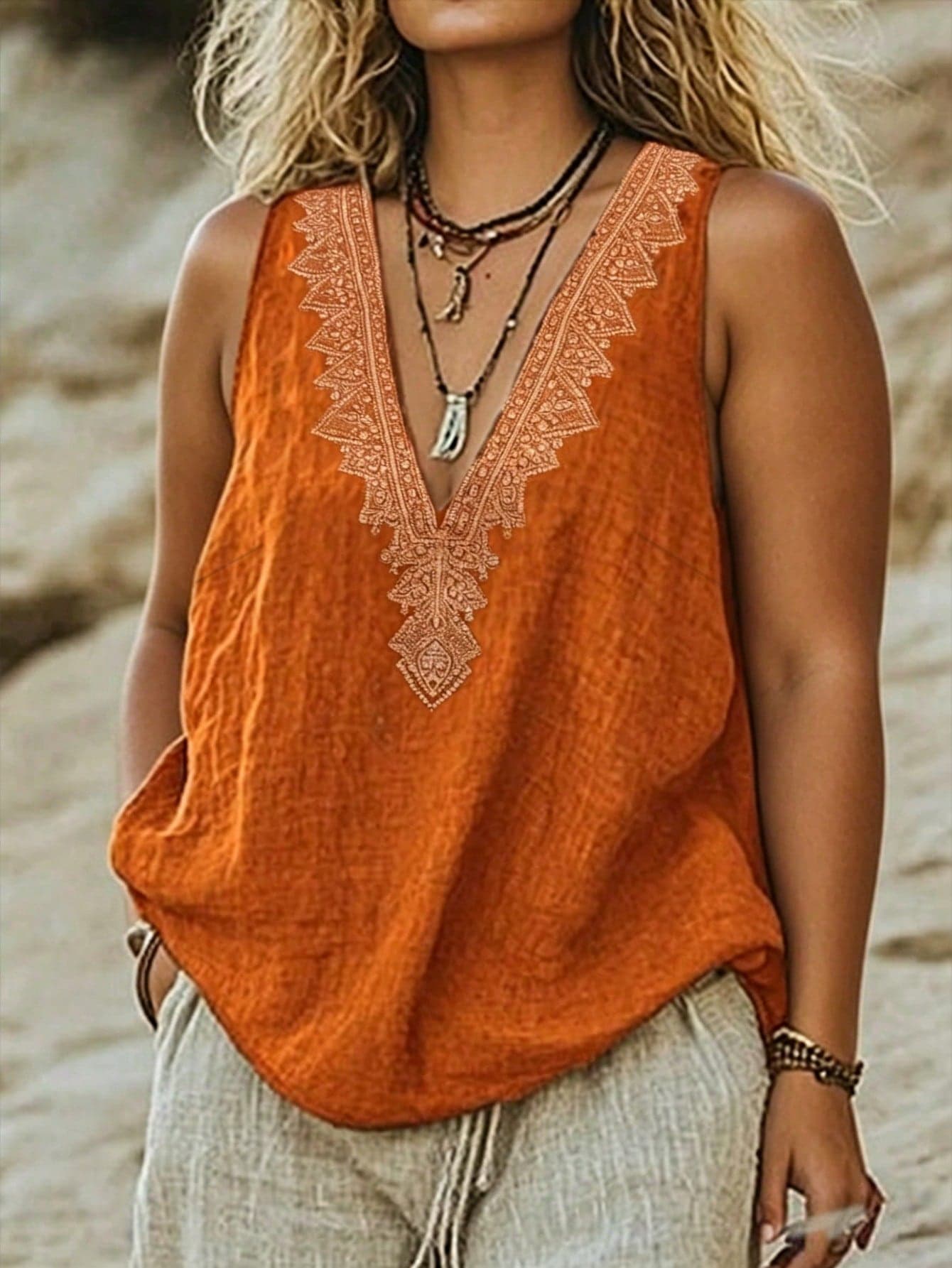 EMERY ROSE Plus Size Woven Casual Boho Resort V-Neck Summer Women's Halter And Tank Top Vacation Burnt Orange