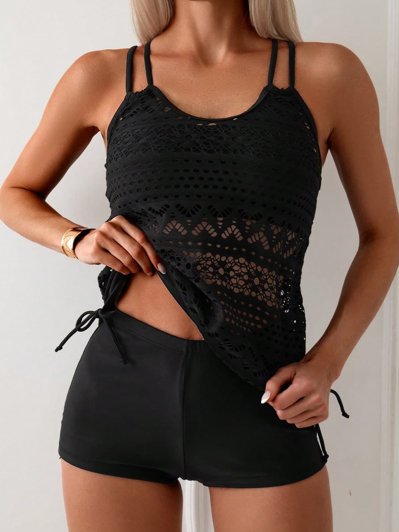 Swim Lushoire Summer Beach Holiday Tankini Set Women Plain Hollow Out Criss Cross Tankini Top And Swim Shorts
