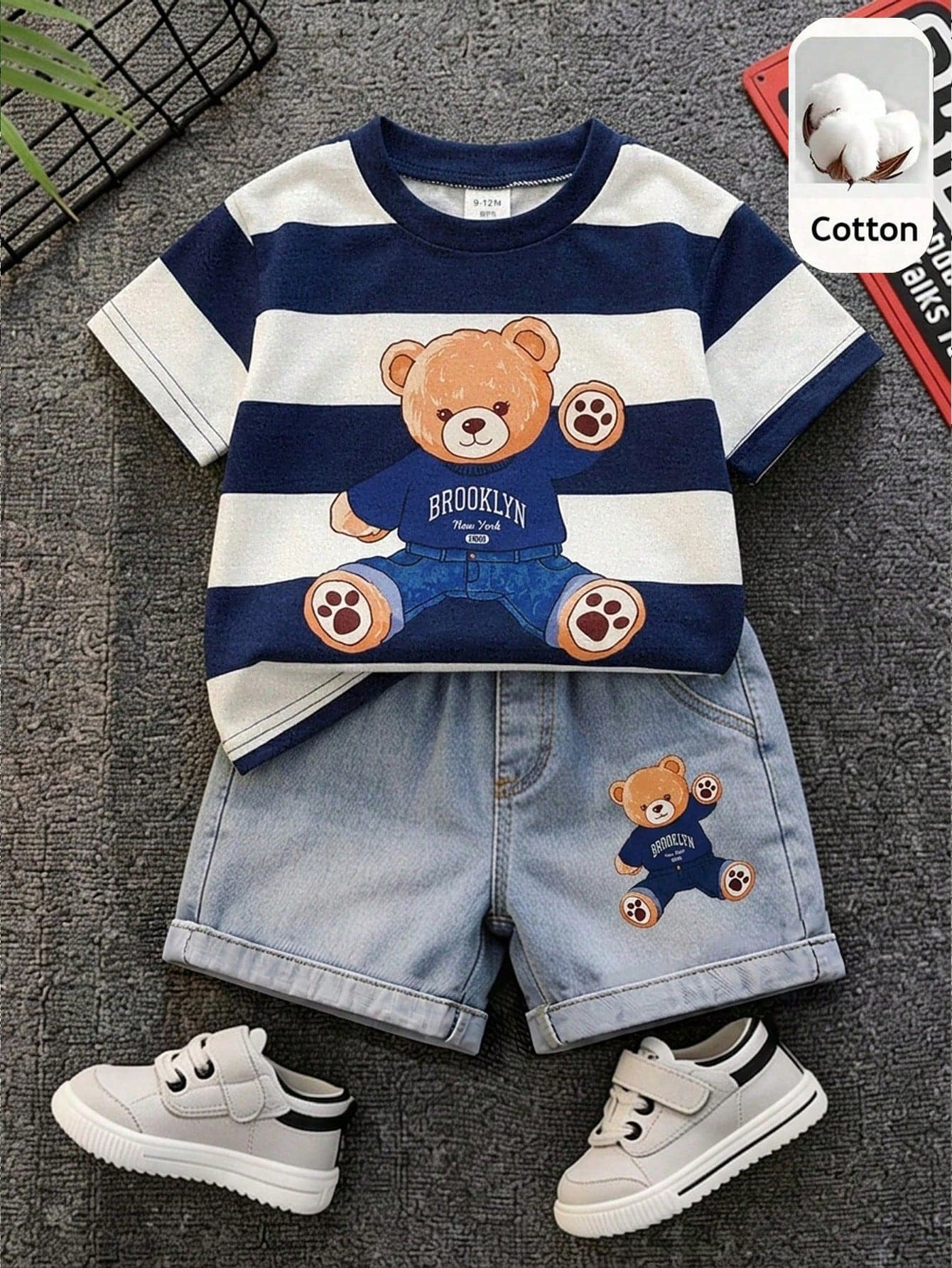 SHEIN Playful Pals 2pcs/Set Toddler Boys' Navy Blue Summer Casual Beach Brooklyn Bear Print Striped Short Sleeve T-Shirt And Denim Shorts Loose Fit Outfit Set