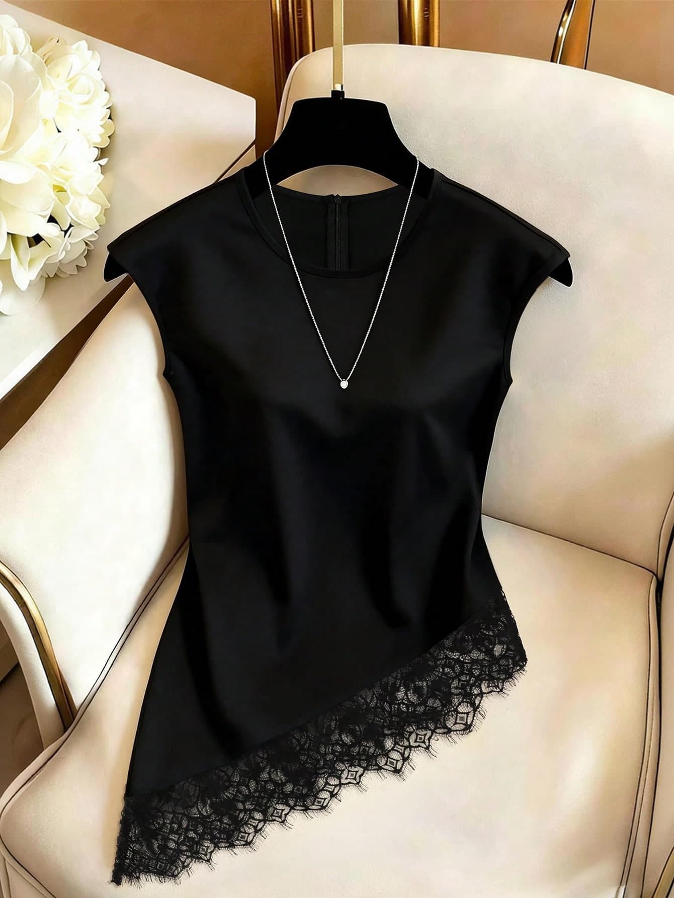 SHEIN Franclia Women's Summer Lace Trim Asymmetrical Hem Blouse
