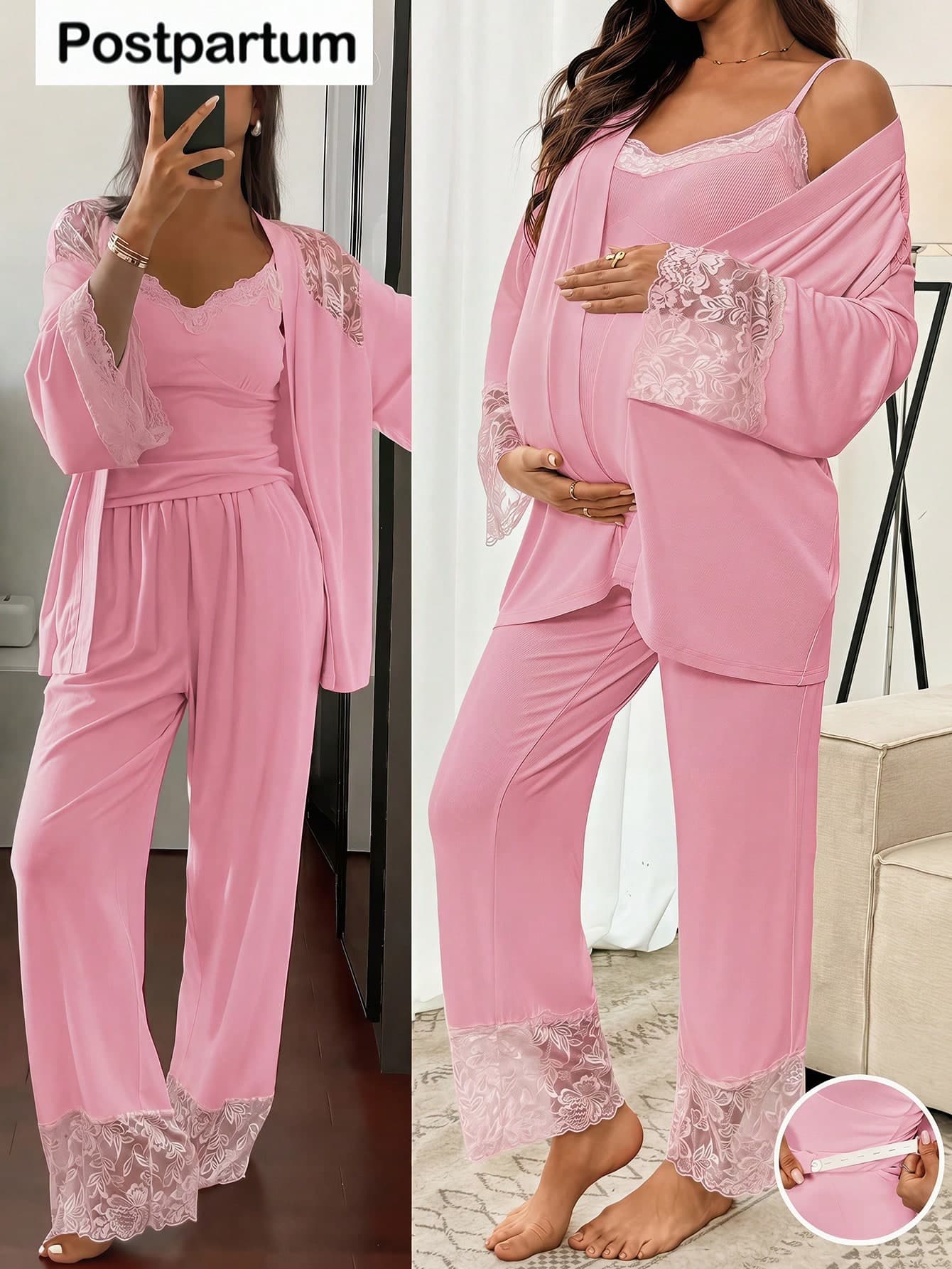 SHEIN 3pcs Maternity Set: Elegant Contrast Lace Camisole, Pants And Robe, Suitable For Spring And Autumn