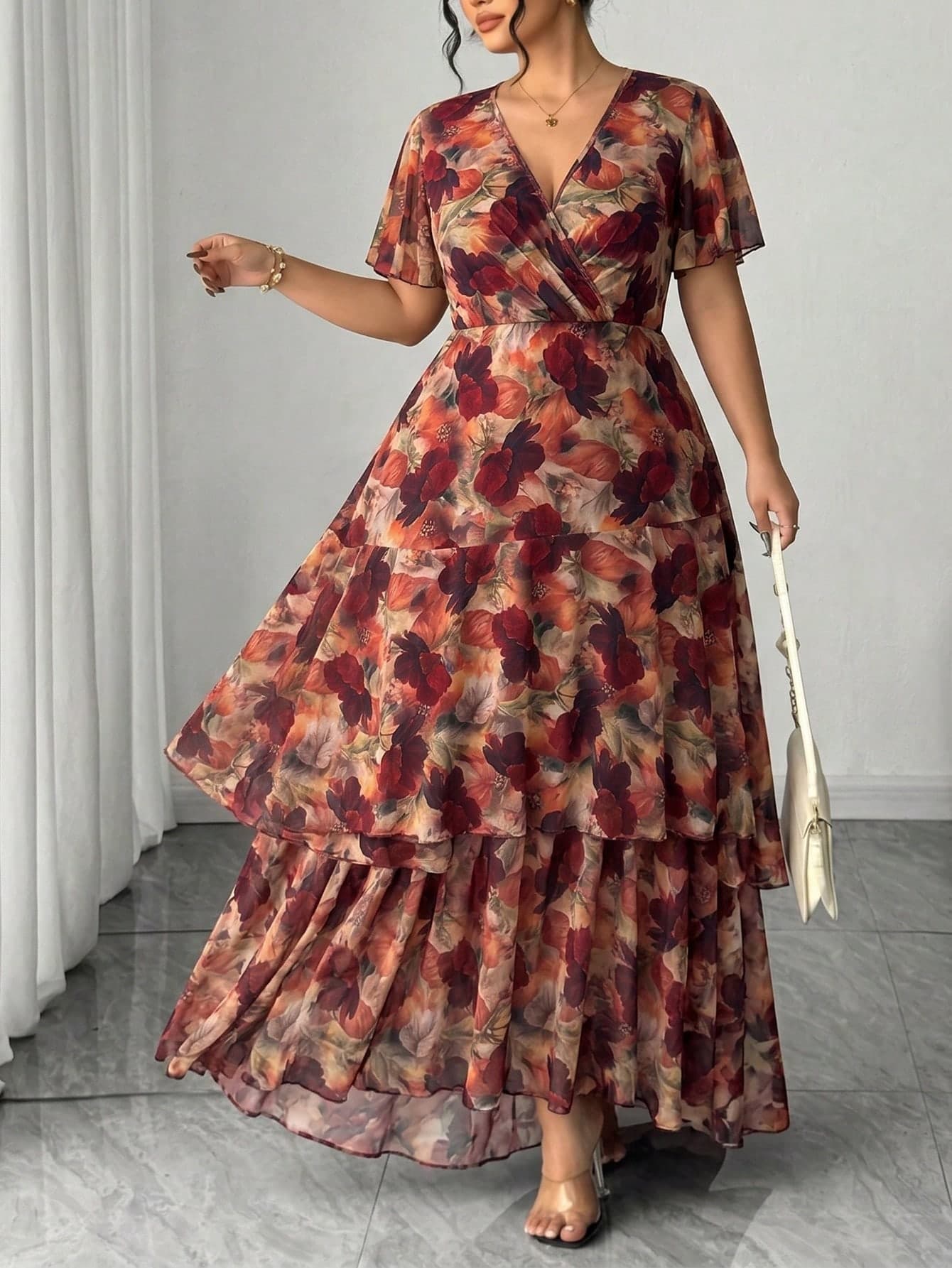 Modelyn Elegant Casual Spring/Summer Floral Print Ruffle Crossover Neck Patchwork Lantern Sleeve Loose Flowy Plus Size Women Long Dress Wedding Burgundy