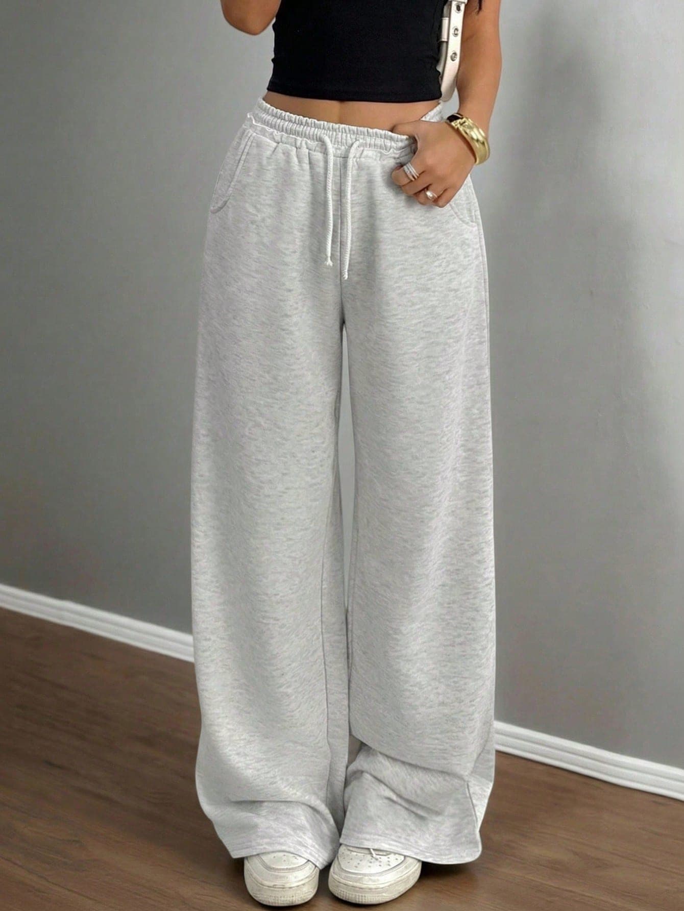 Teen Girls Casual Loose Fit Low Waist Elastic Waistband Wide Leg Sweatpants, Suitable For Spring, Summer, Autumn And Winter