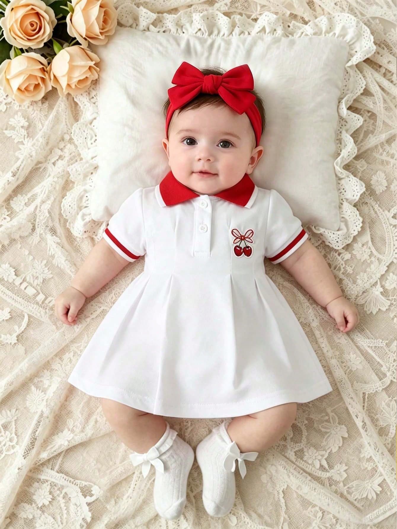 SHEIN Newborn Baby Elegant Sweet Cute Casual Style Butterfly & Cherry Print Dress