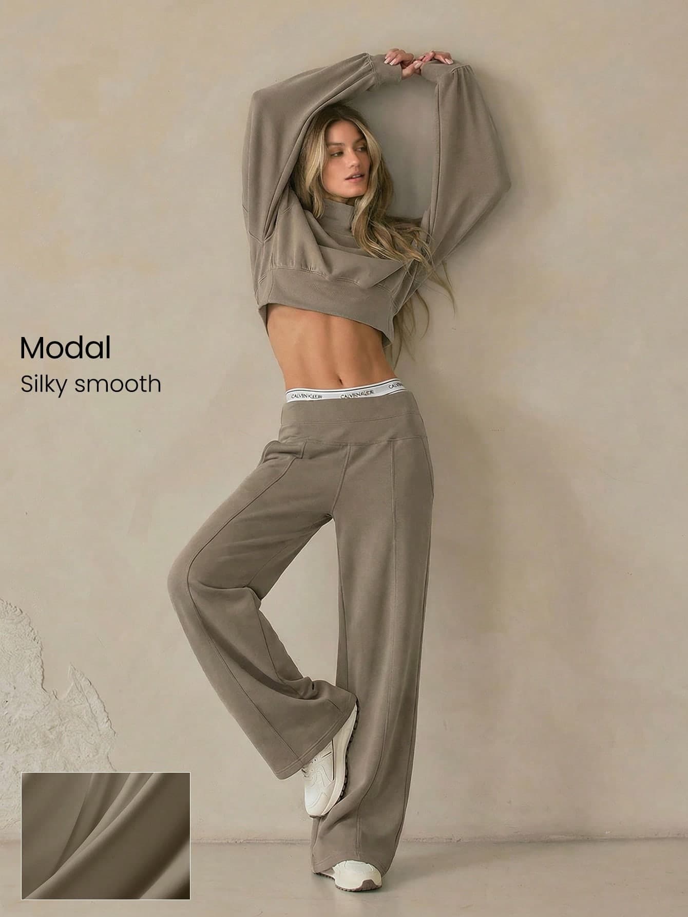 GLOWMODE 30" Regular SoftCalm Modal Silk Touch Wide Leg High Waist Lounge Pants With Side Pockets Daily Casual Spring Summer