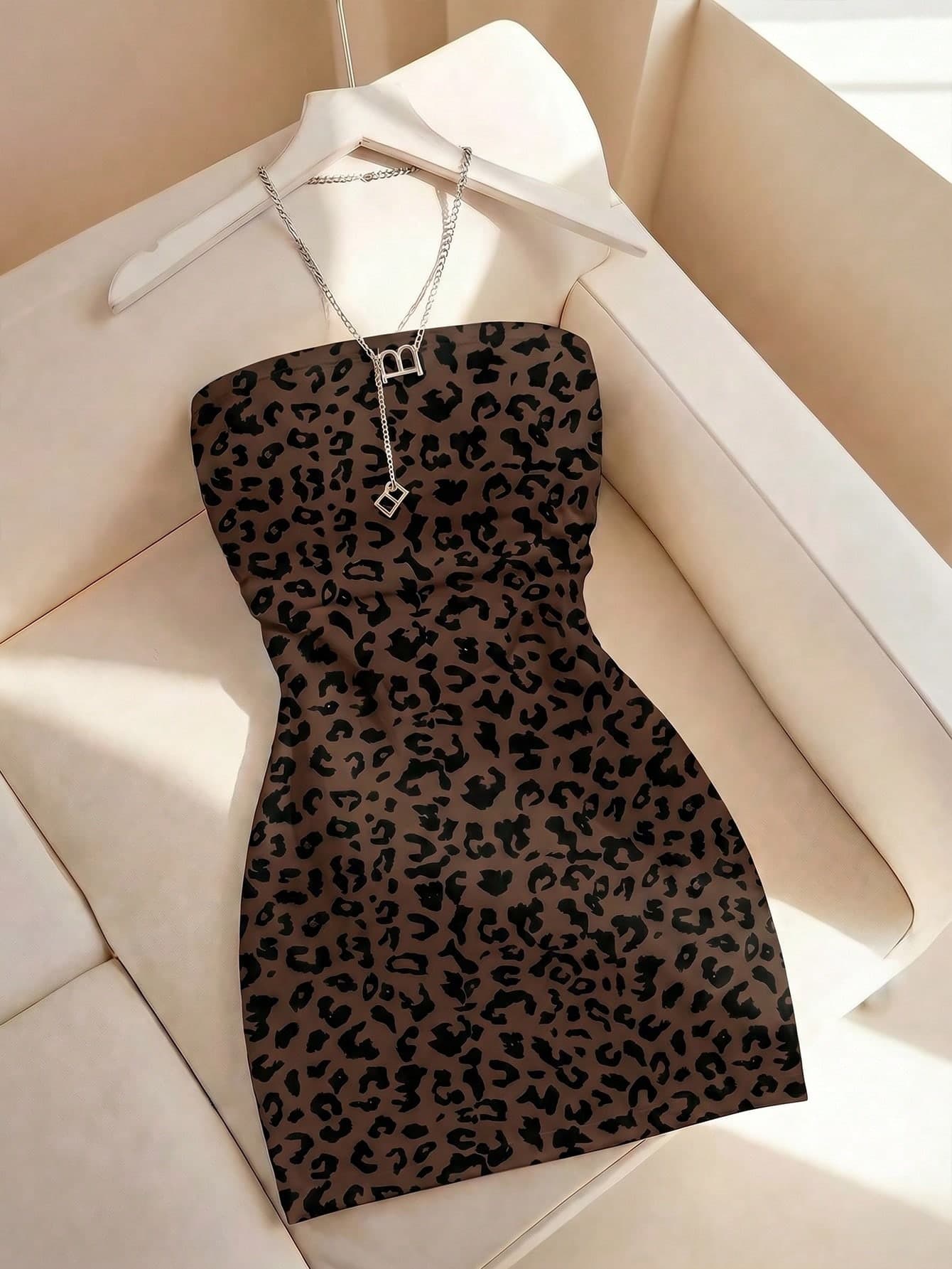SHEIN Women's New Leopard Print Round Neck Fitted Tube Dress, Spring/Summer