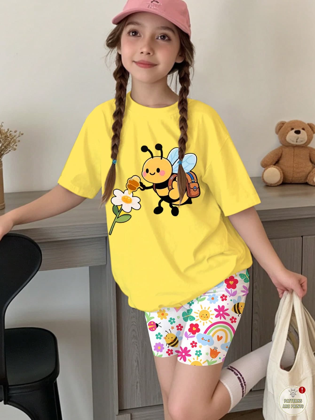 2pcs/Set Tween Girl Soft Summer Colour Palette Summer Casual Cute Work Cartoon Bee & Flower T-Shirt,Rainbow Insect Butterfly Print Leggings Set