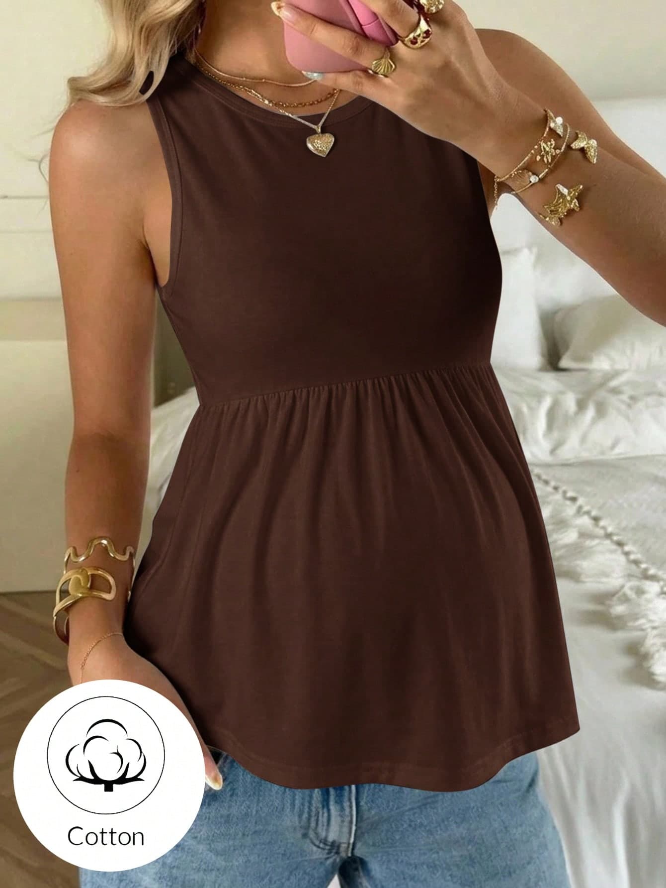 SHEIN Maternity Solid Color Round Neck Ruffle Hem Casual Tank Top