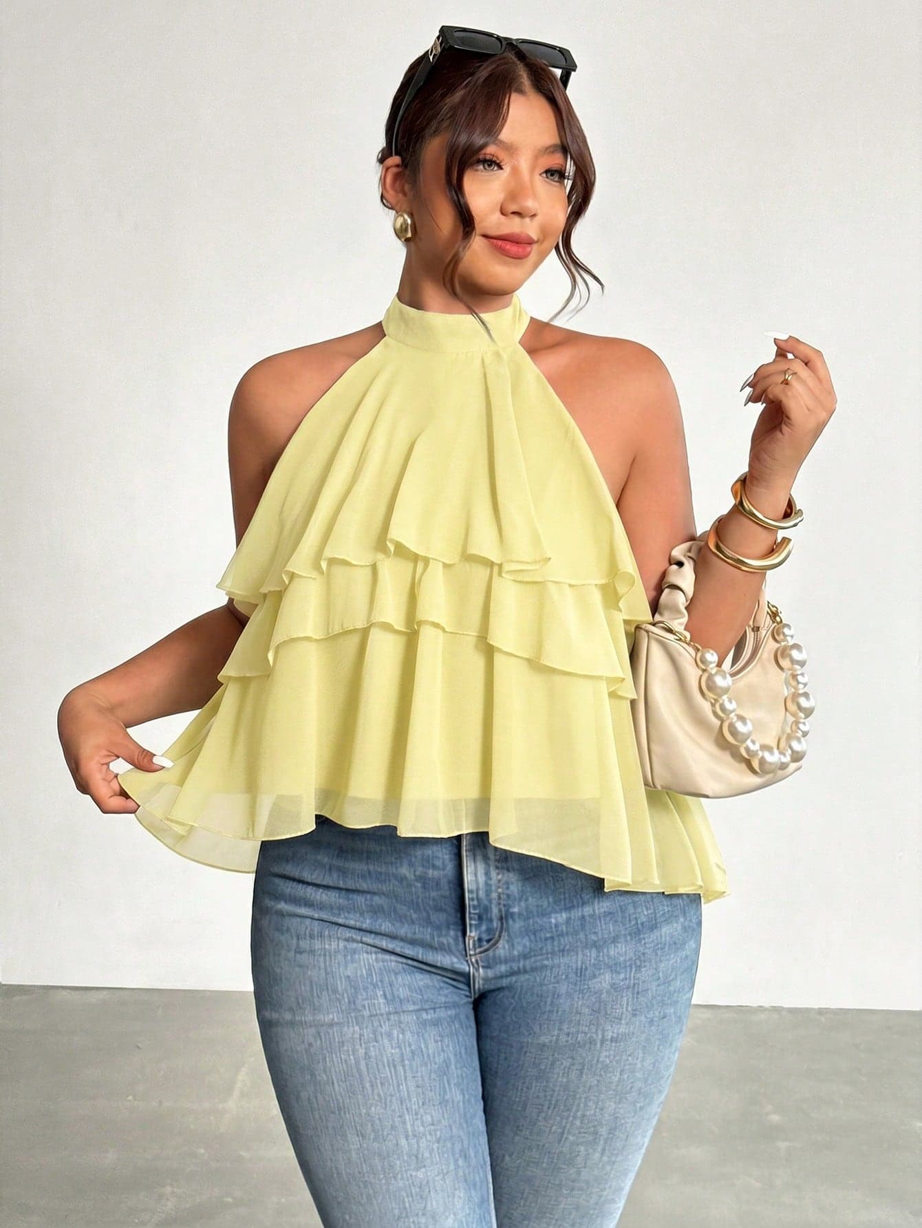 Firerie Plus Size Women Solid Color Halter Neck Versatile Casual Blouse