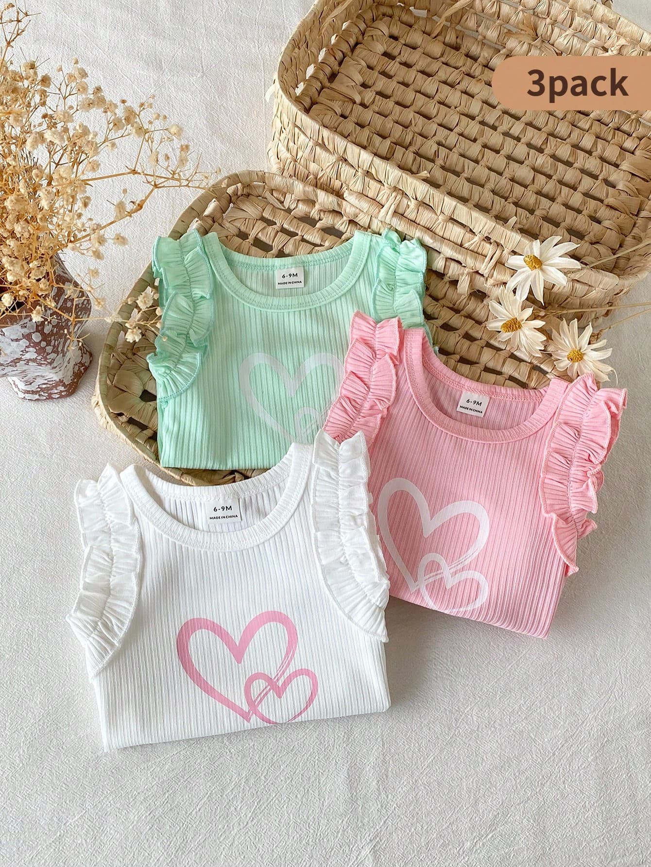 SHEIN 3pcs/Set Baby Girls' White And Pink Summer Cute Family Matching Casual Sweet Elastic Tops,Striped Ruffle Sleeve Vest For Outings,Vacations & Daily