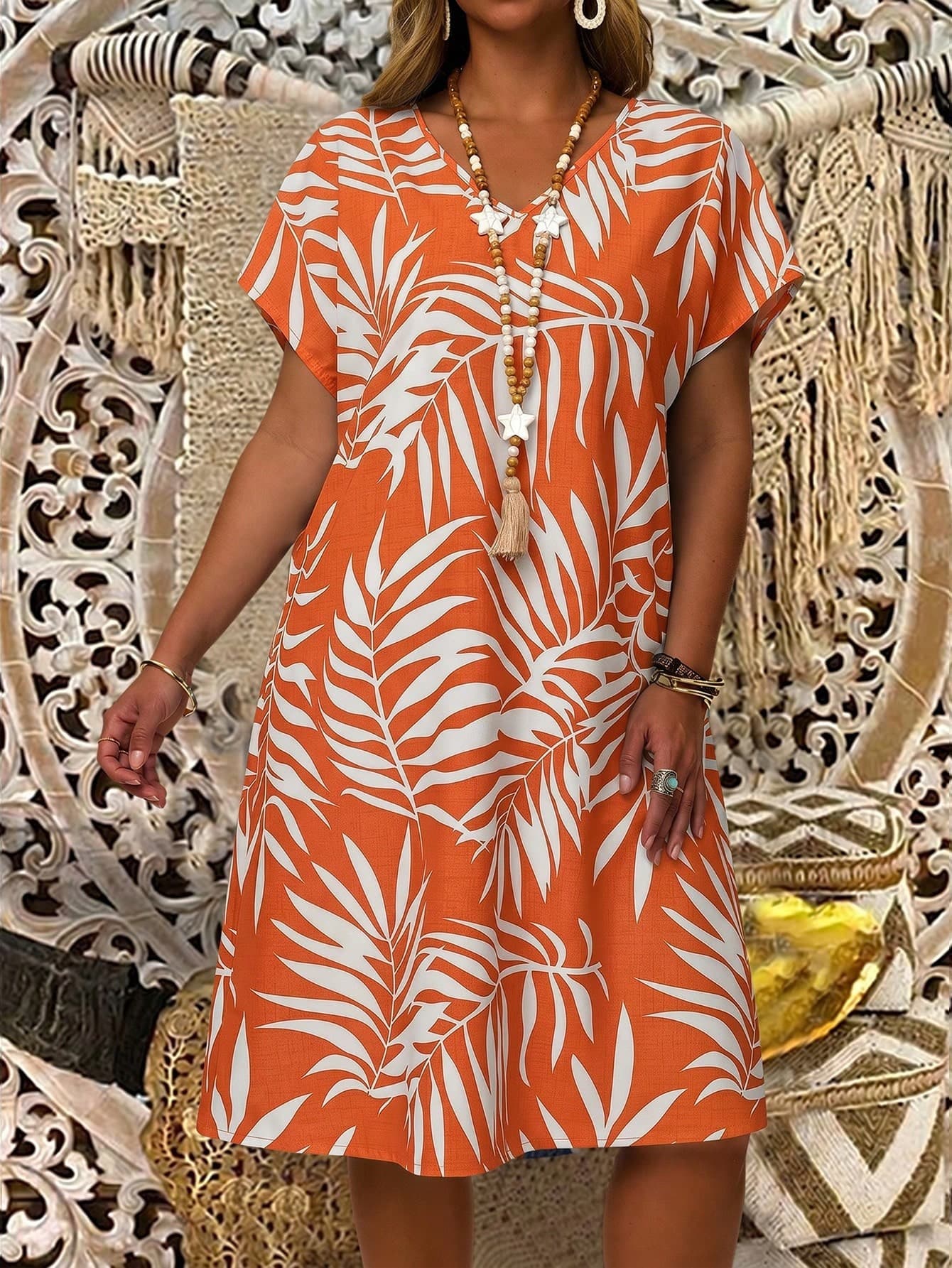 EMERY ROSE Plus Size Women's Summer Vacation Leaf Print Burnt Orange V-Neck Short Sleeve Boho Dress,Holiday Casual Country Floral Flowy Beach Sundress Outfits