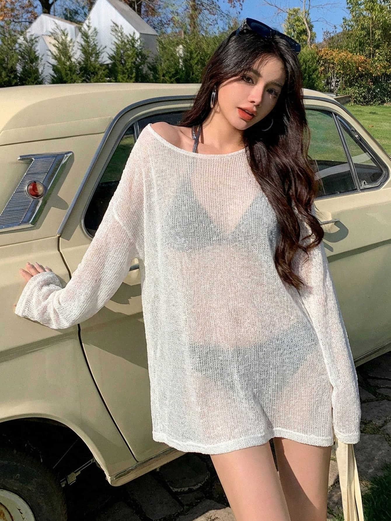 DAZY Women's Solid Color Asymmetric Neck Casual Beach Cover-Up Dress Vacation Summer