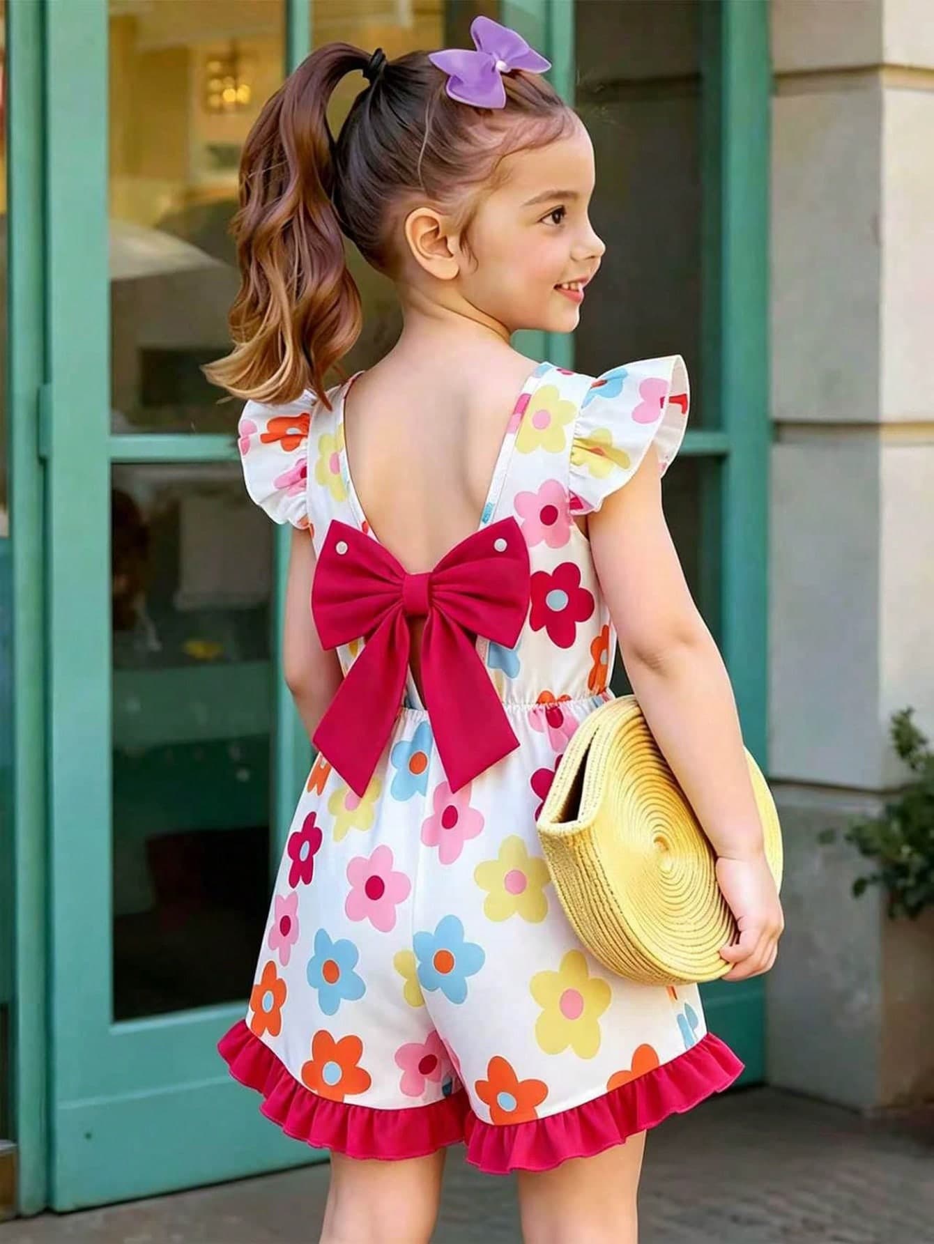 Girls'White Base Colorful Floral All-Over Print Cap Sleeve Fuchsia Trim Romper,Elegant Comfortable Sleeveless Jumpsuit For Summer Birthday Holiday