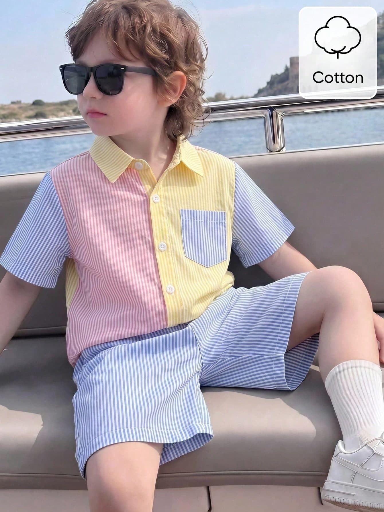 SHEIN Genkimix Kids Boys' Cotton Fashionable Patchwork Shirt & Shorts Set,Soft & Comfortable Summer Matching Outfit,Perfect For Family Vacation,Holiday,School & Outings