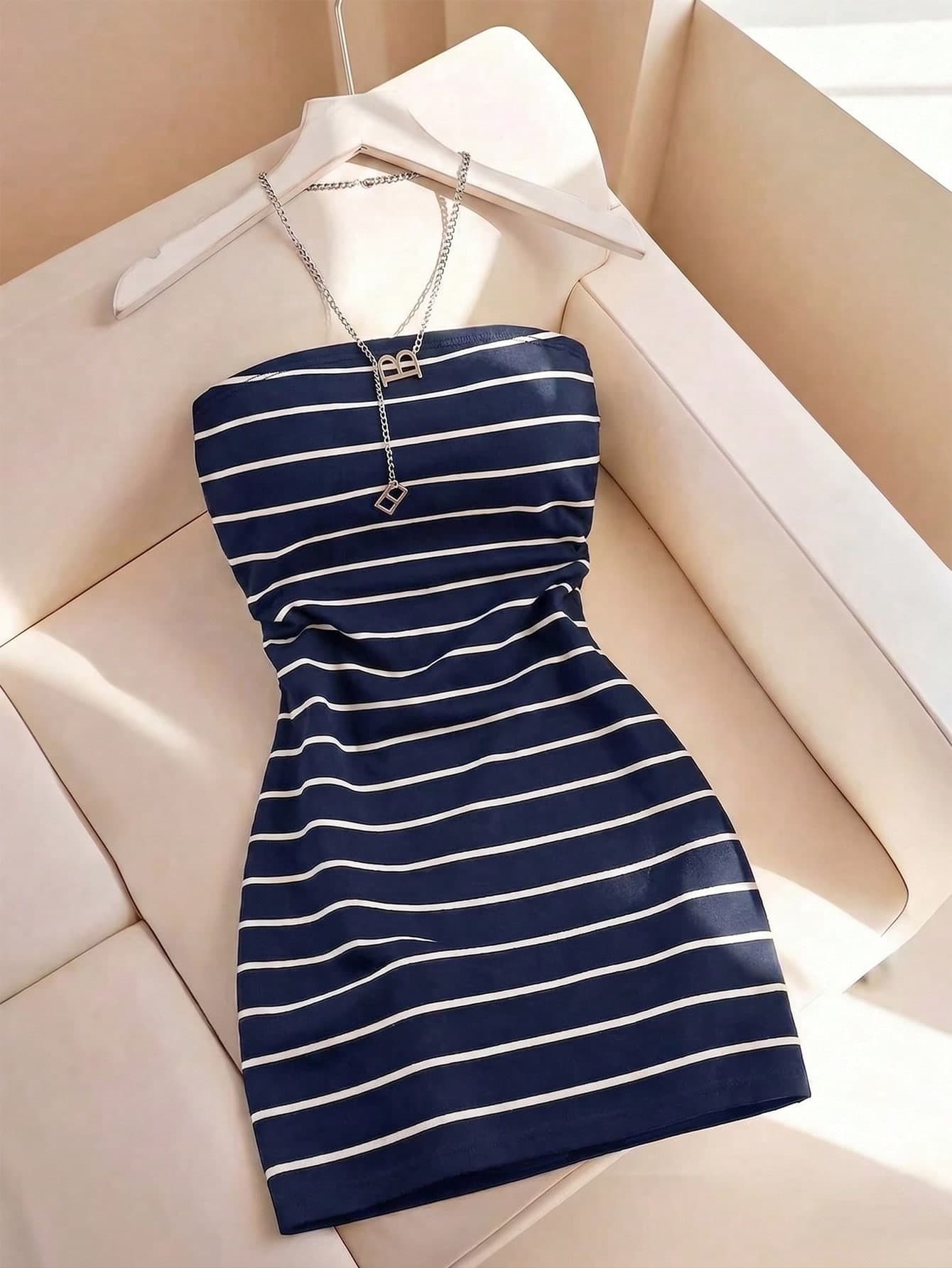 Resyla Women's New Striped Print Round Neck Fitted Tube Dress, Spring/Summer