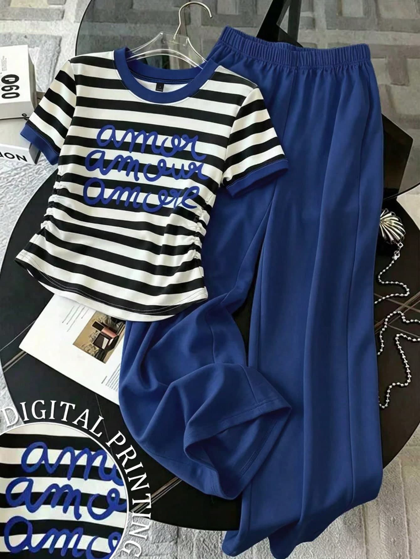 Franclia Women's Round Neck Striped Letter Print Short Sleeve Top And Elastic Waist Pants Casual 2-Piece Set