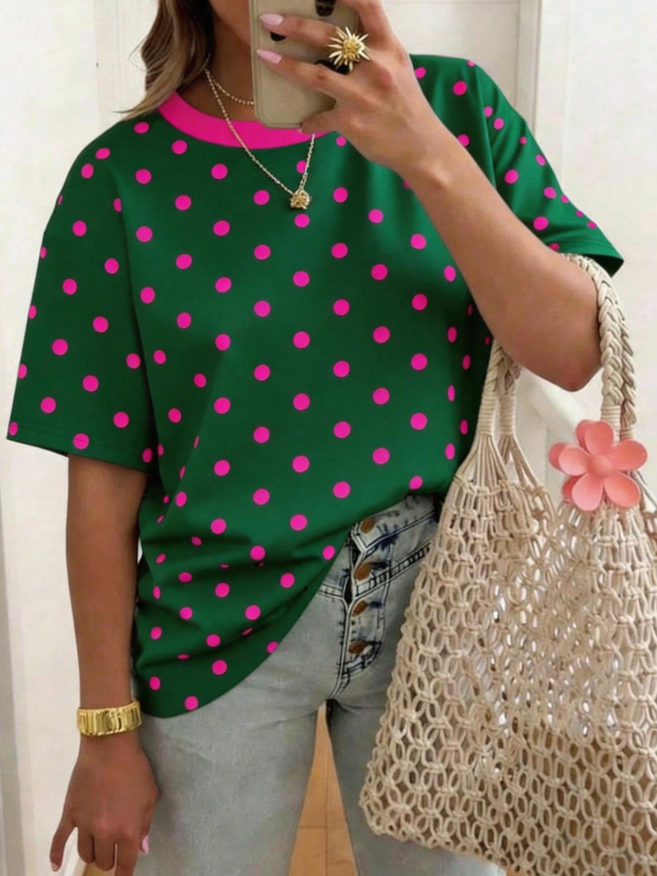 DrmWander Plus Size Women's Polka Dot Round Neck Casual Versatile Daily Wear Short Sleeve T-Shirt