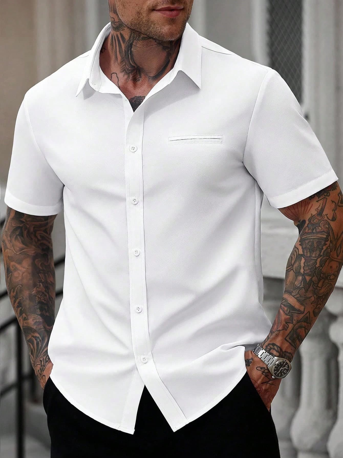 Manfinity Homme Men White Casual Business Short Sleeve Shirt, Formal