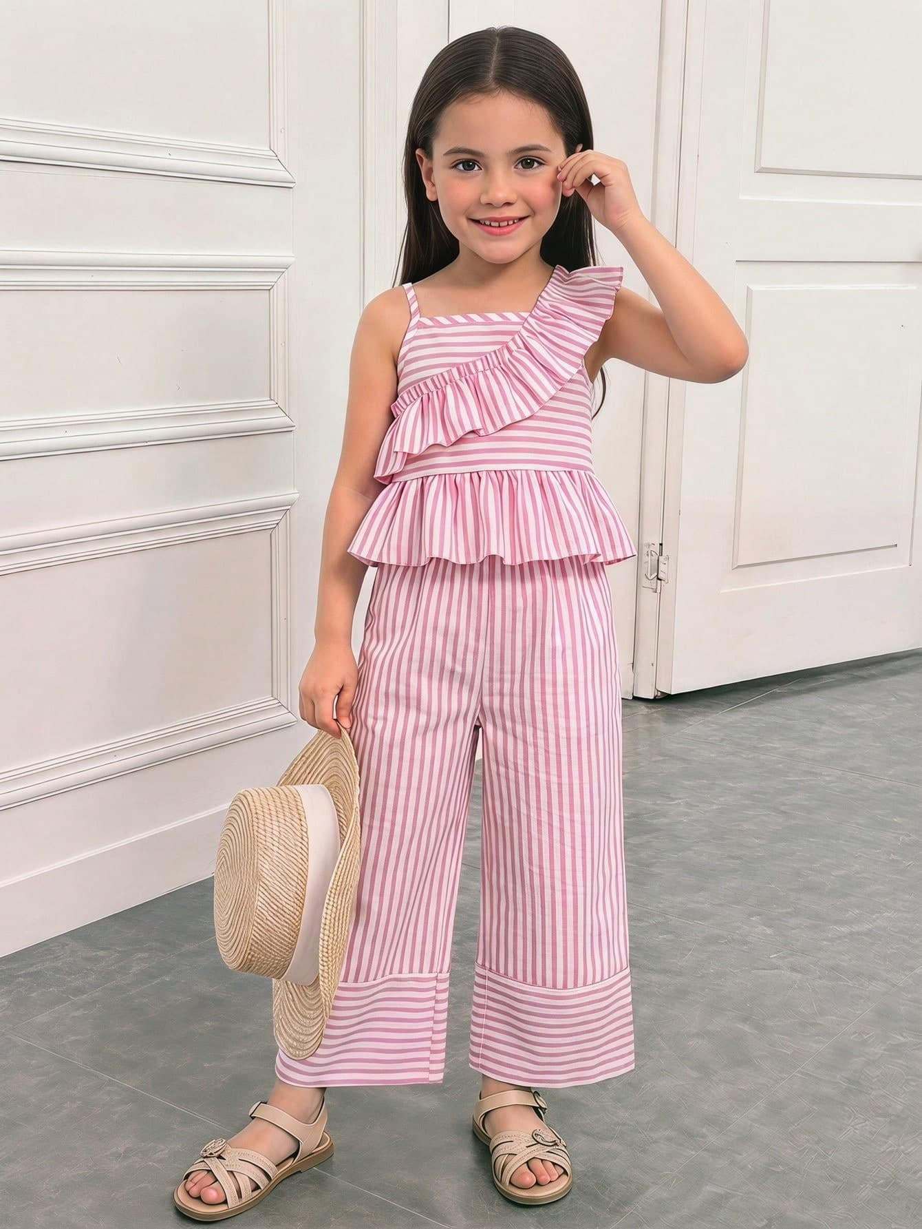 SHEIN 2pcs Young Girl Woven Striped Ruffle Trim Camisole Top And Long Pants Set Vacation Pink And White Striped Summer Cute